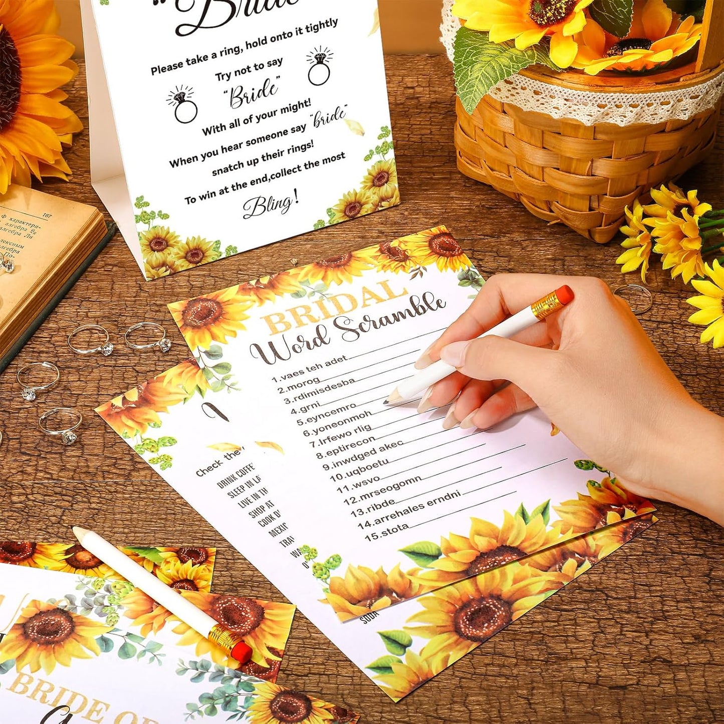 Estune 331 Pcs Bridal Shower Games Supplies, 5 Sets 250 Pcs Wedding Cards 1 Put a Ring on It Bridal Shower Games with 60 Rings and 20 Pencils(Sunflower Style)