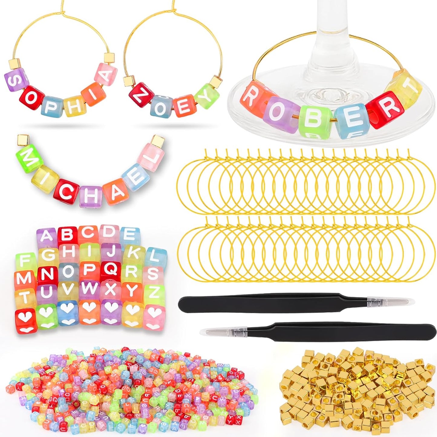 60 Sets DIY Wine Glass Charms – 780 Letter Beads 120 Gold Beads 60 Charm Rings 2 Tweezers, Drink Identifier Charms Wine Glass Marker Tags for Wedding Cocktail Bachelorette Party Decoration (Square)