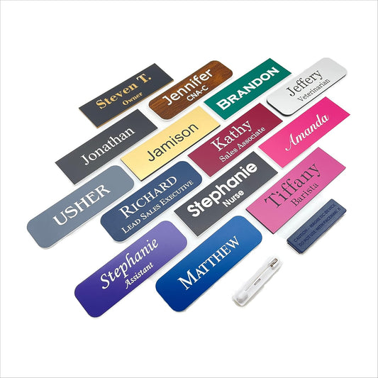 Custom Engraved Name Badges with Pin or Magnet Backing, 1" x 3" - Personalized Acrylic Name Tag with 15 Font Options and 21 Color Options - 4 Tags