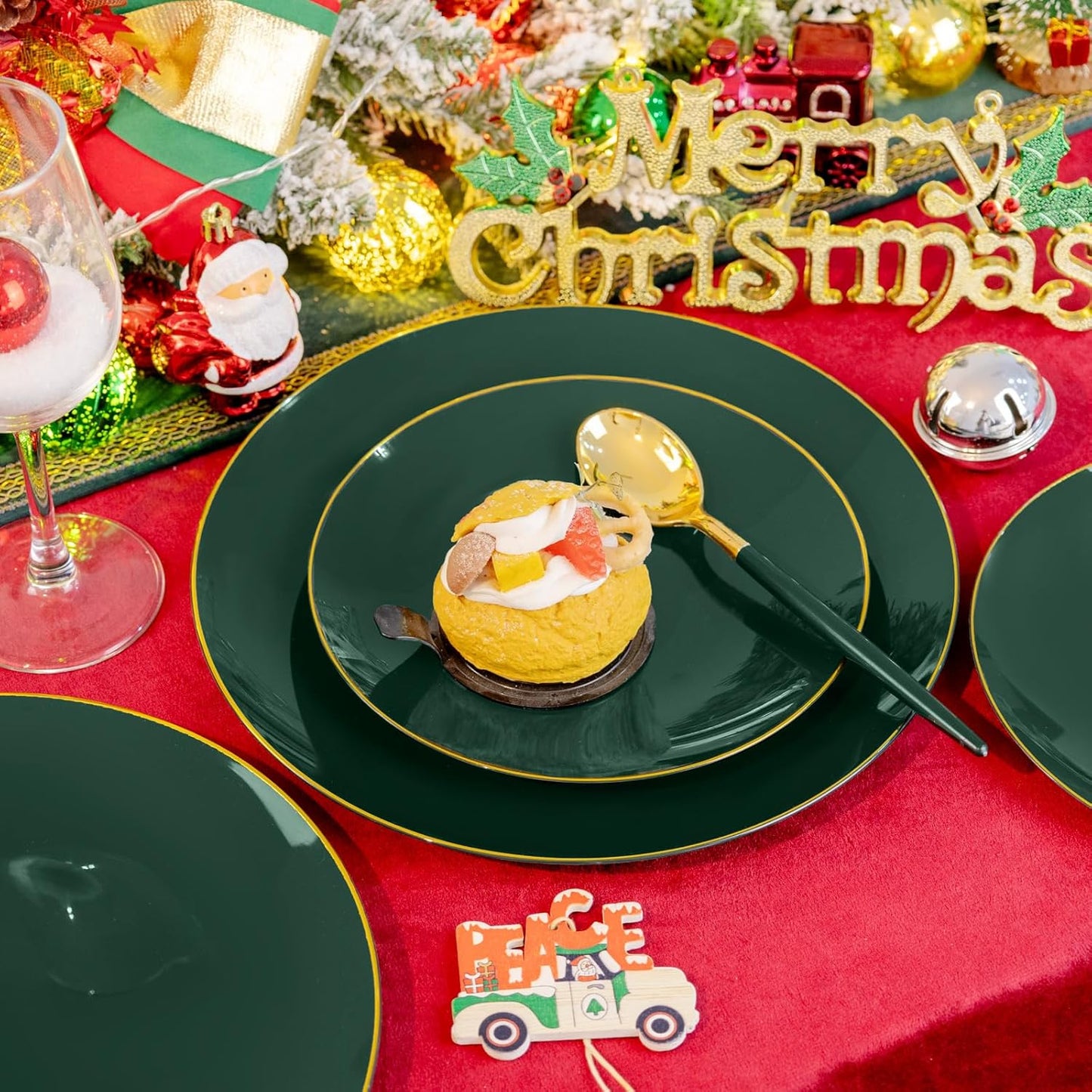 Liacere 150PCS Green Plastic Plates - Gold Plastic Silverware with Green Handle - Heavy Duty Fancy Plastic Plates Disposable Include 30 Guests Plates, Forks, Spoons, Knives for wedding＆Christmas