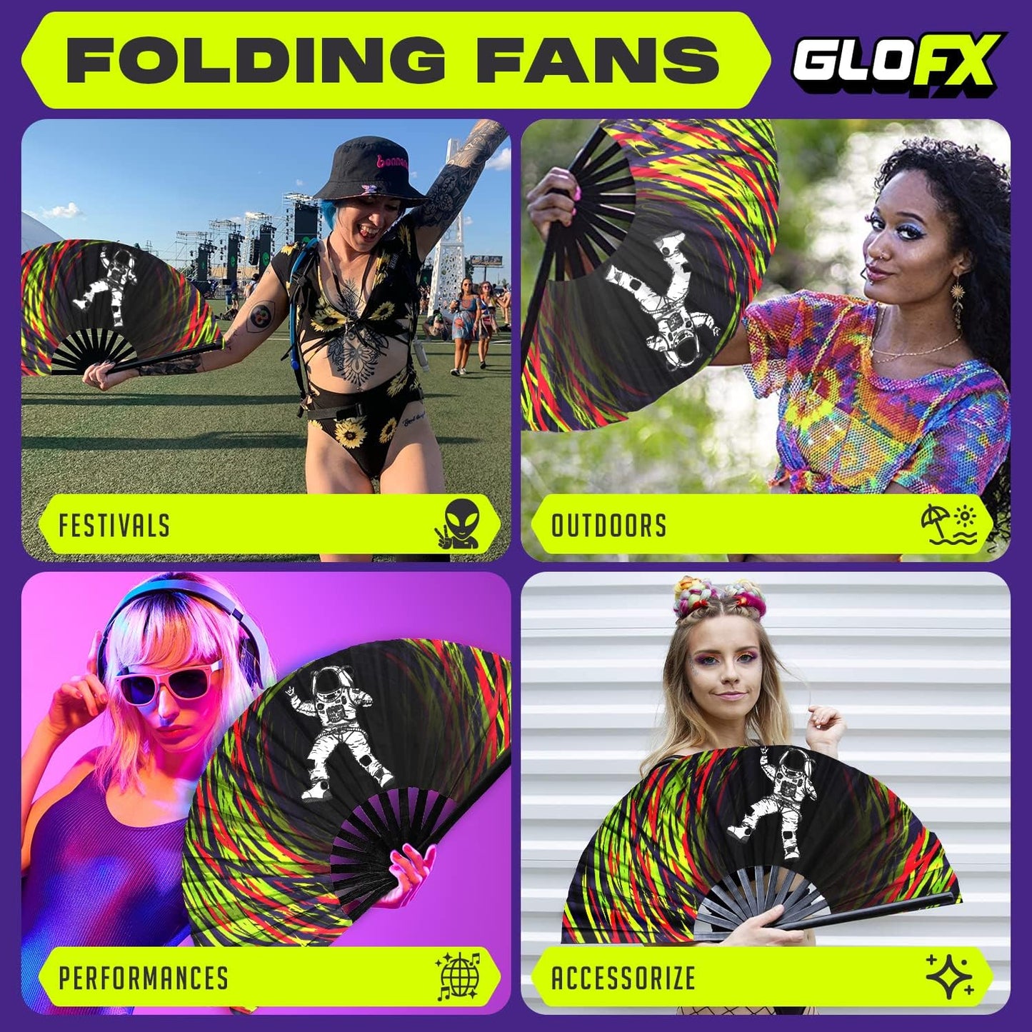 GloFX Rave Fan - Spaced Out Astronaut - Large Folding Fan - Music Festival Essential, EDM Rave Accessories, Folding Hand Fan, Clack Fan