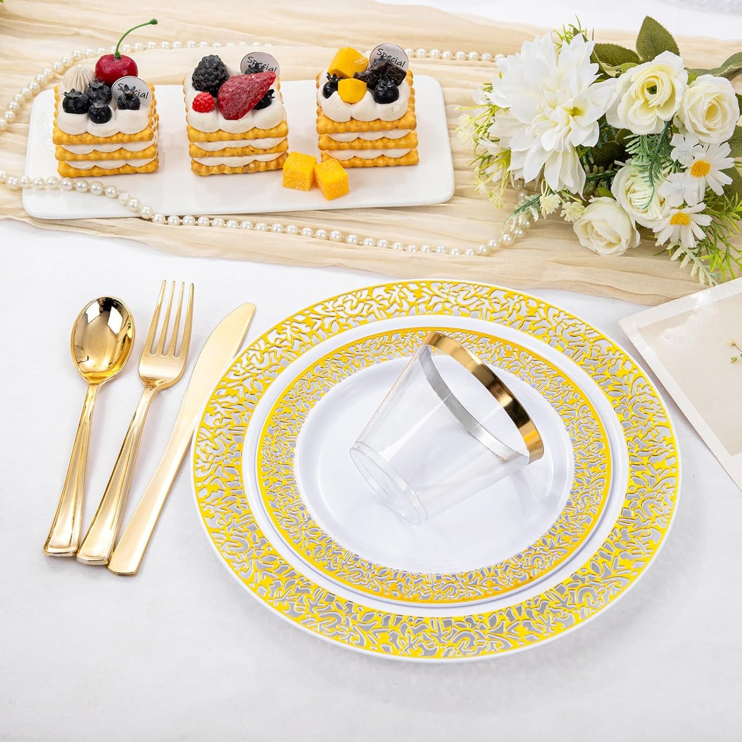 WELLIFE 210Pcs Gold Plastic Dinnerware - Disposable Silverware and Cups, Include:30 Dinner Plates, 30 Dessert Plates, 30 Paper Napkins, 30 Cups, 30 Gold Plastic Cutlery Set for Party, Wedding