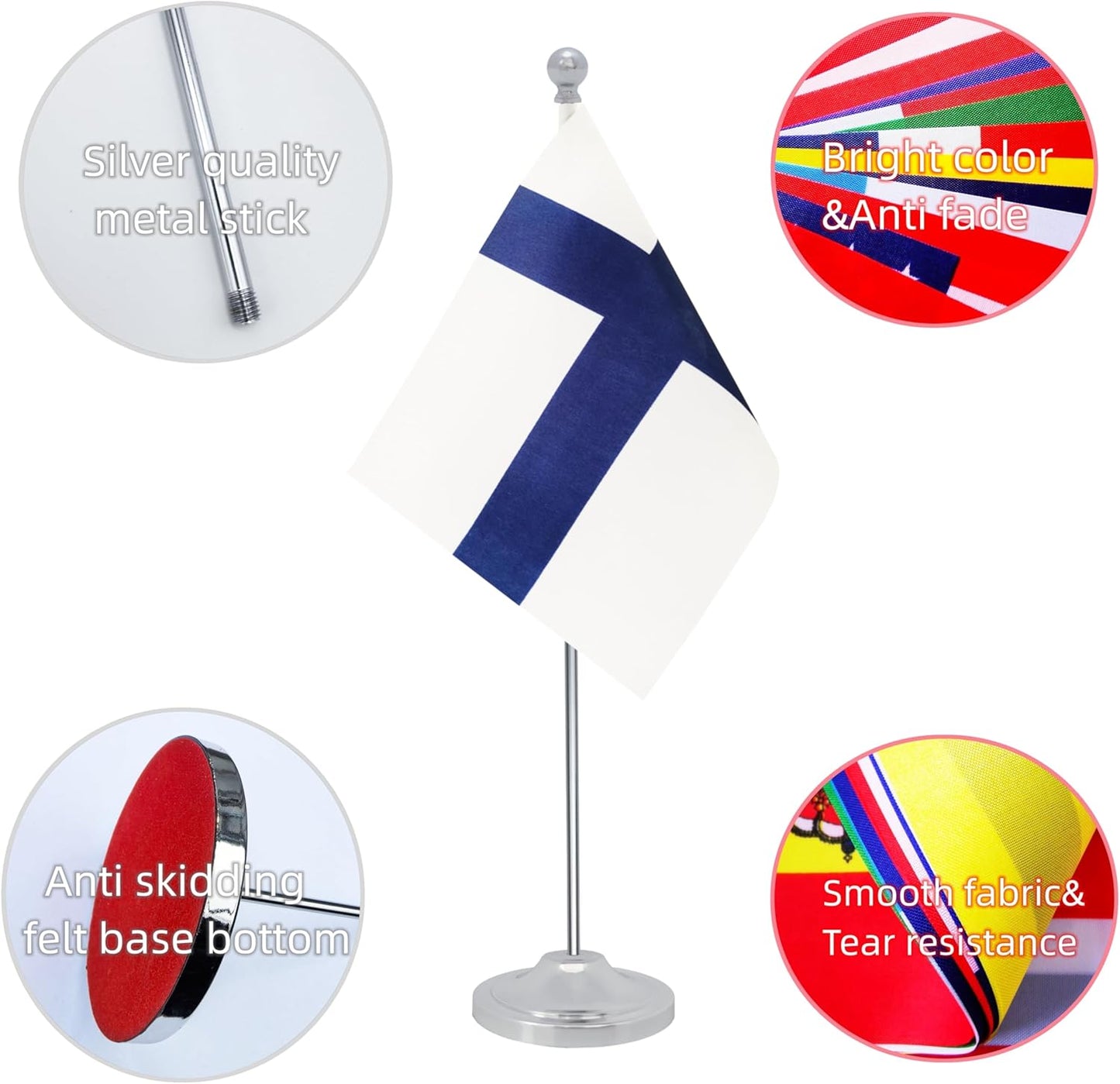 Finland Desk Flag, Finnish Table Office Flag with Metal Pole and Stand Base, International Country Flags, Festival Event Celebration, Classroom Meeting Desktop Decor (Finland)