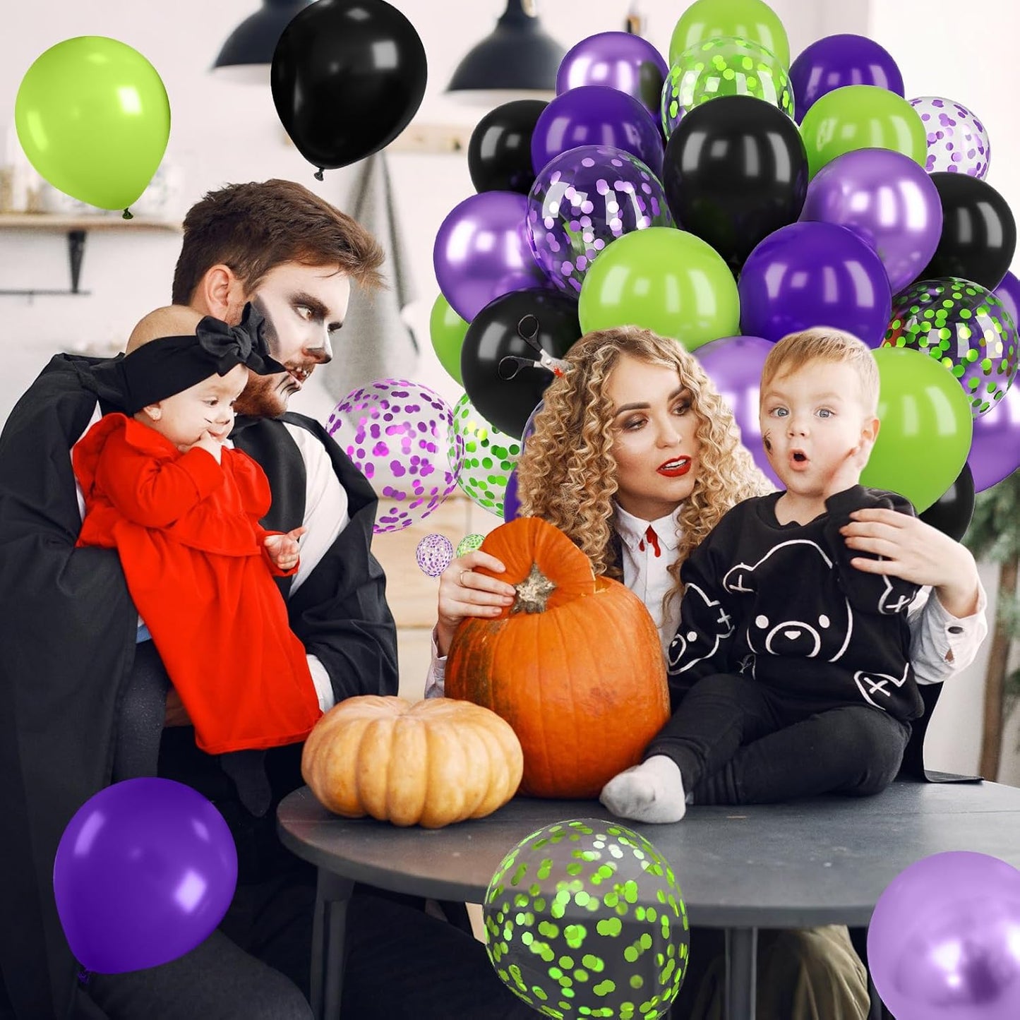 Purple Green Balloons, 12 Inch Halloween Balloons Set, Matte Black Fruit Green and Metallic Purple Confetti Balloon Latex Helium Balloon for Birthday Horror Halloween Party Decorations Indoor Outdoor