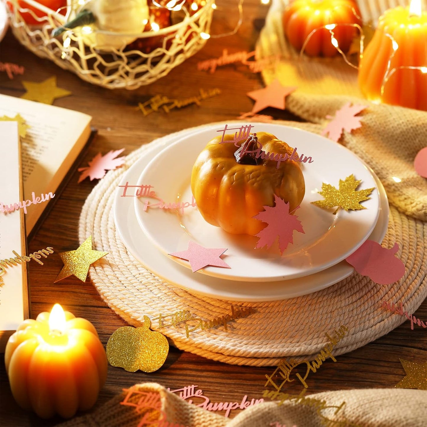 400 Pcs Fall Little Pumpkin Baby Shower Decorations Fall Thanksgiving Glitter Confetti Pink and Gold Pumpkin Confetti Autumn Thanksgiving Maple Leaf Decor for Birthday Party Supplies (Fresh Style)