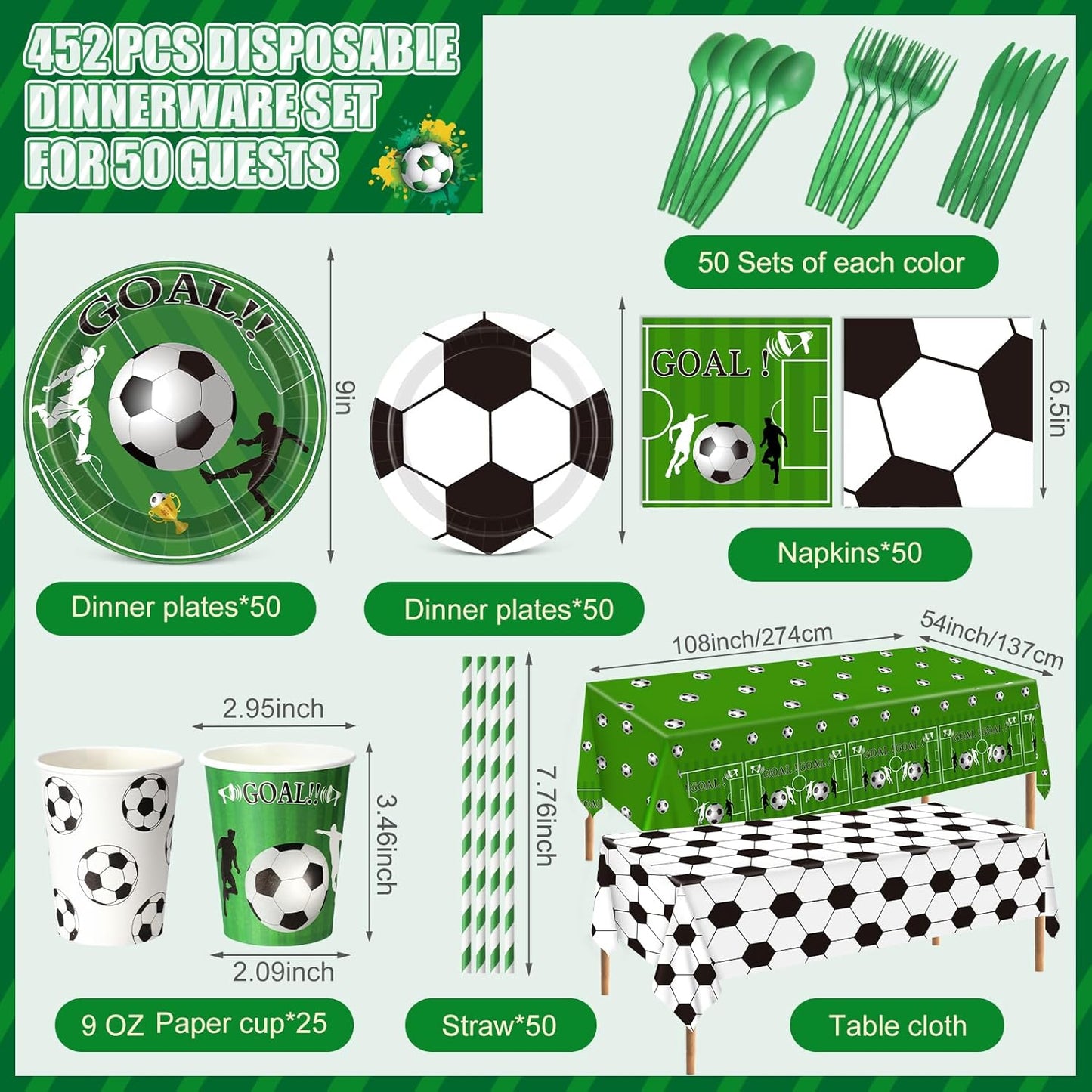 452 Pcs Soccer Party Decorations for 50, Soccer Paper Plates and Napkins Cups Tablecloth Cutlery Straws Disposable Tableware Set for Sports Themed Birthday Team Party Supplies