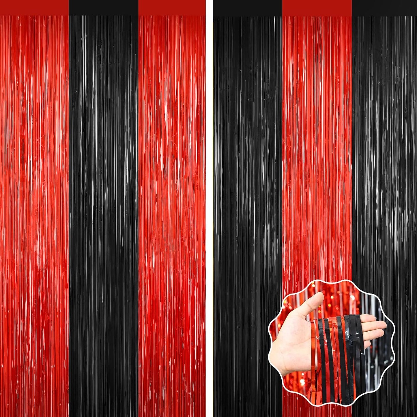 2Pack Black Red Backdrop Curtains Party Decor, Door Streamers Photo Booth Backdrop Metallic Party Streamer Tinsel Foil Fringe Curtains Backdrop Halloween Baby Shower Bachelorette Xmas Party Decors