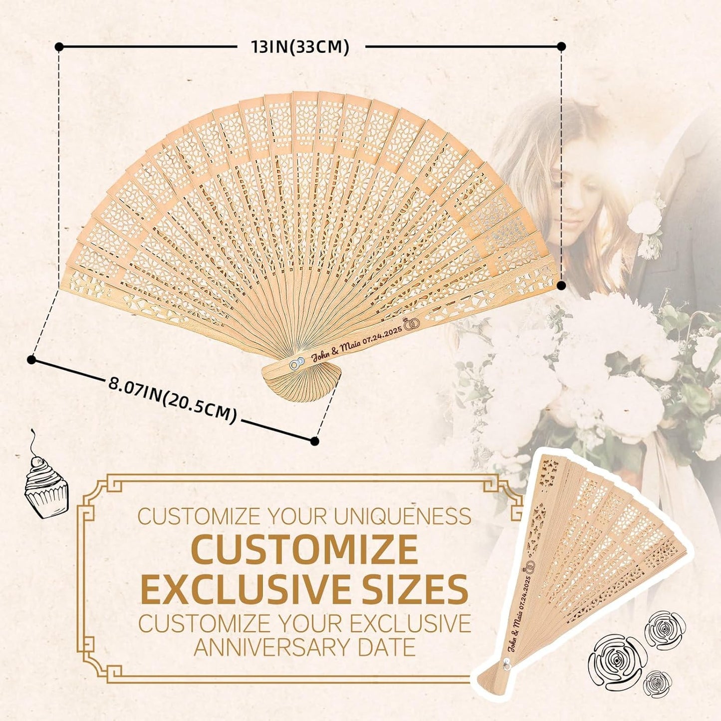 50pcs Personalized Wedding Fans for Guests - Custom Wooden Hand Fans with Names/Dates - Bulk Wedding Favors for Bridal Shower, Baby Shower & Parties (Wood, 50pcs)
