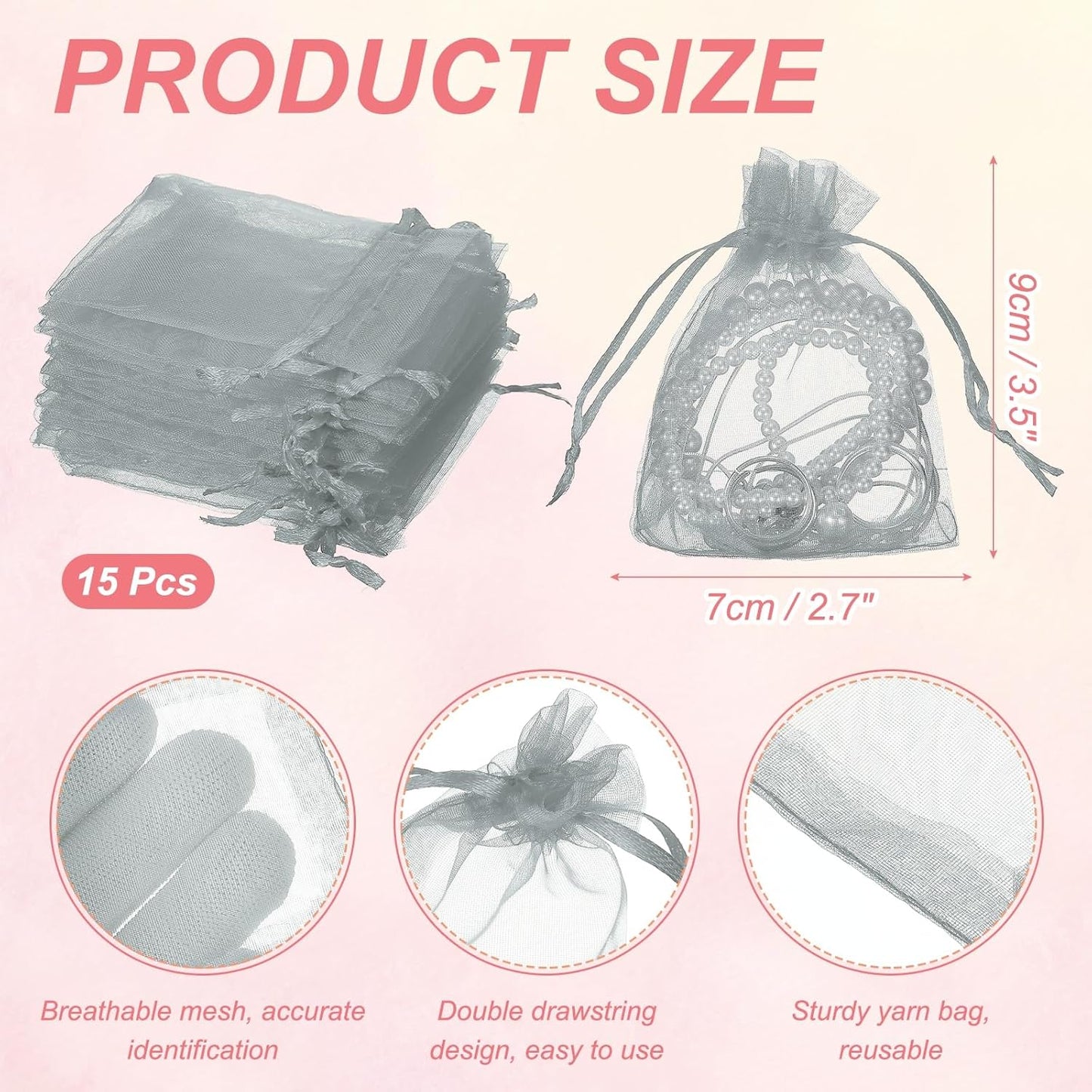 uxcell 50 Pcs Organza Gift Bags, 2.7x3.5 Inch Drawstring Pouches Jewelry Gift Bags, Small Wedding Favor Pouches for Christmas Birthday Wedding Goodie Candy Candle, Gray
