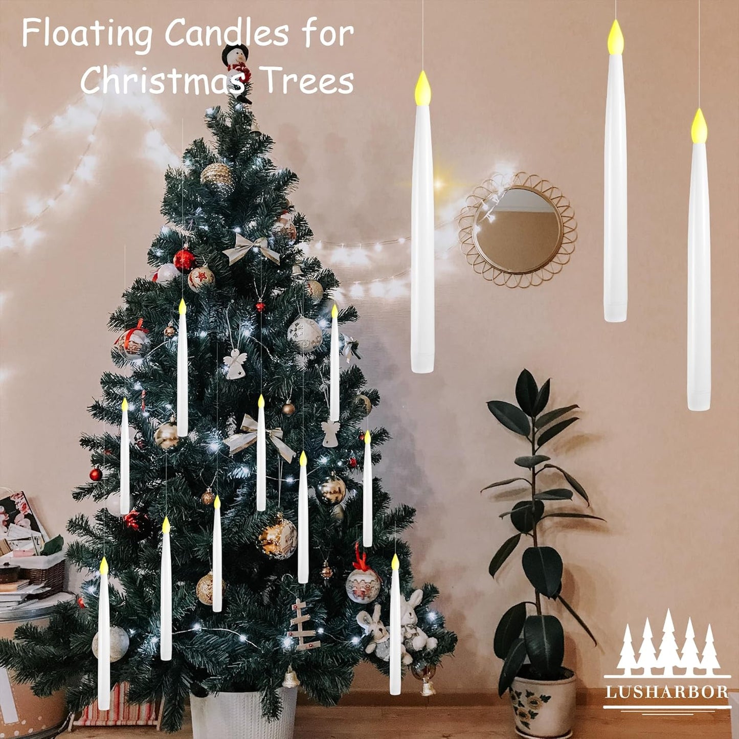 Floating Candles with Wand, 10 Pack Halloween Flameless Candles Battery Operated LED Taper Hanging Electric Candle for Christmas Halloween Birthday Party Decor 10.8in