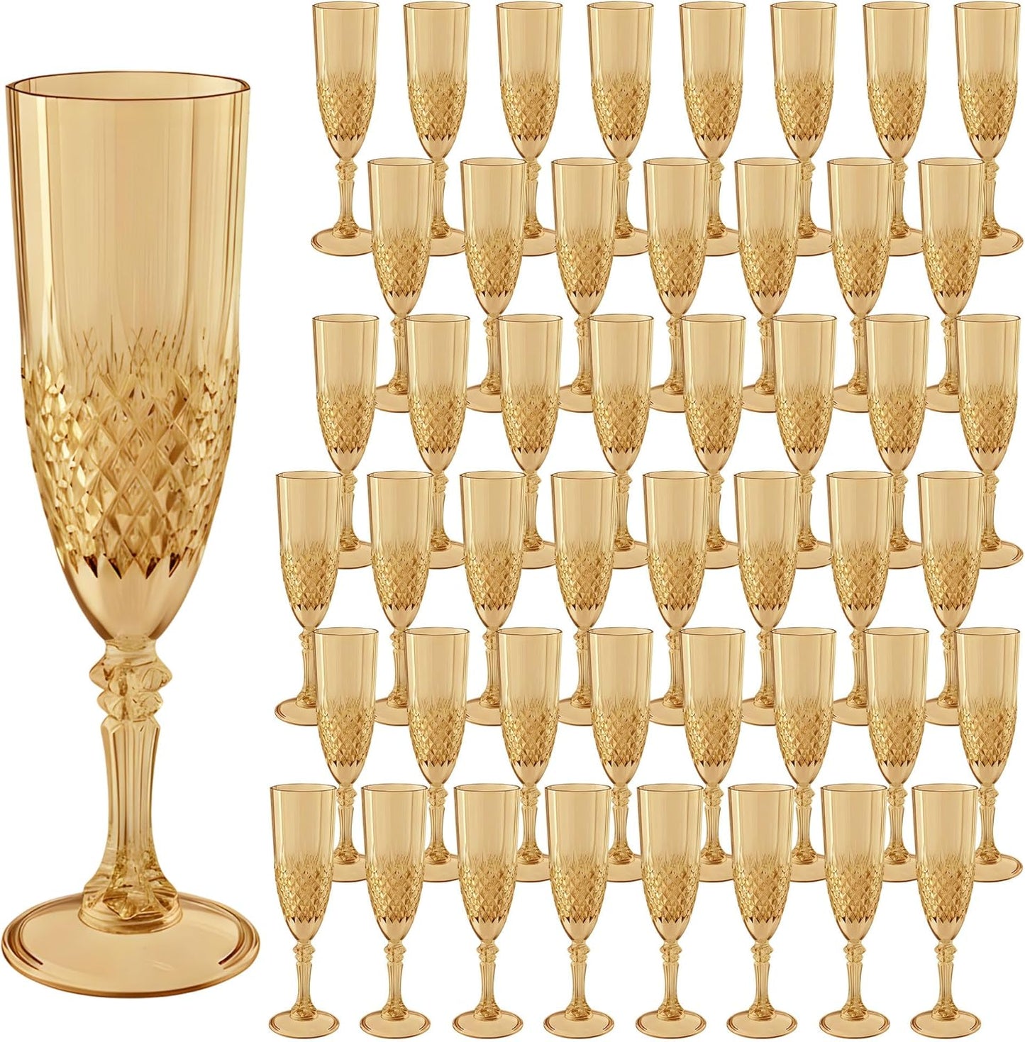 Plastic Champagne Flutes, 48PCS Gold Wine Glasses Goblets Cups Reusable Flute, for Weddings Bachelor Parties Toasting and Events(48, Gold)