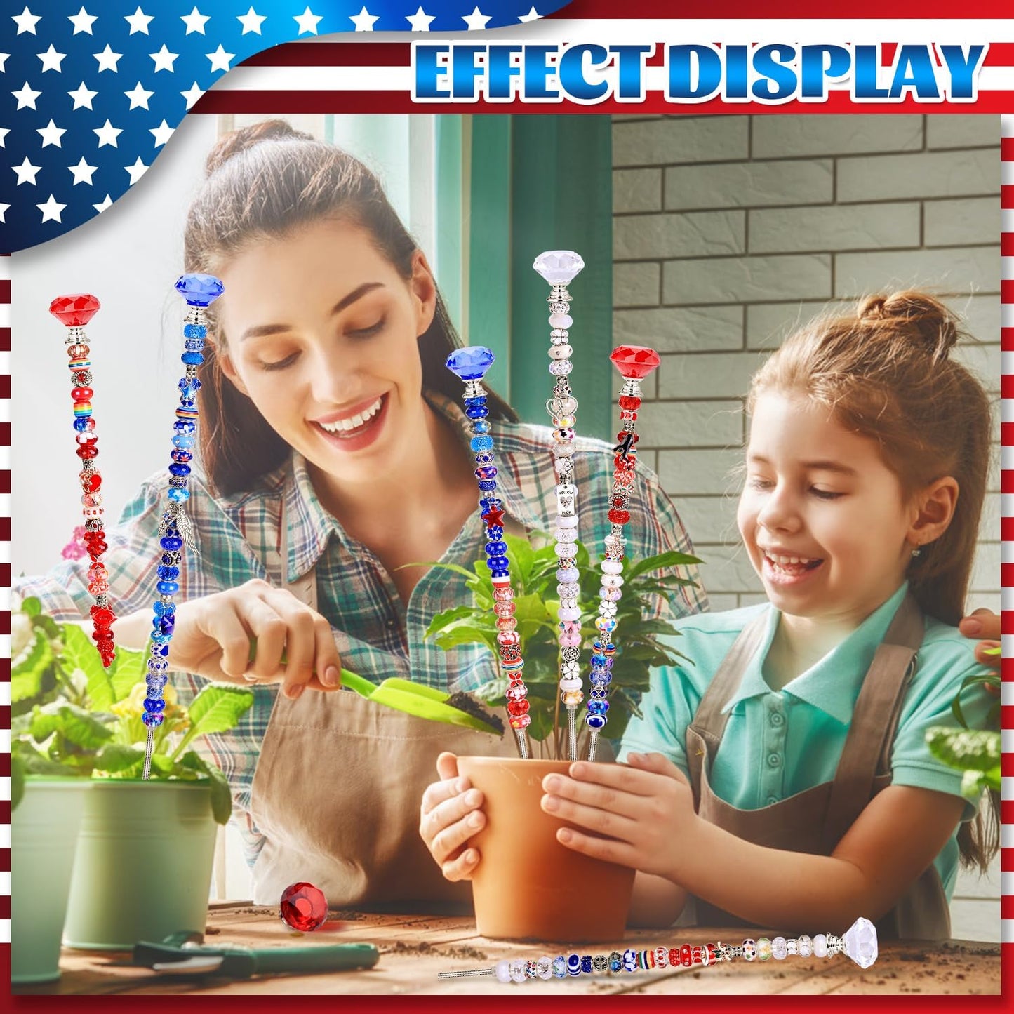 DIY Fairy Wand Garden Beads Stakes Wands Kit,Multiple Color Scheme European Beads Crystal Diamond Tops and 12 or 10 Inch Threaded Rods,Stainless Steel Stakes with Diamond Toppe(Red+White+Blue)