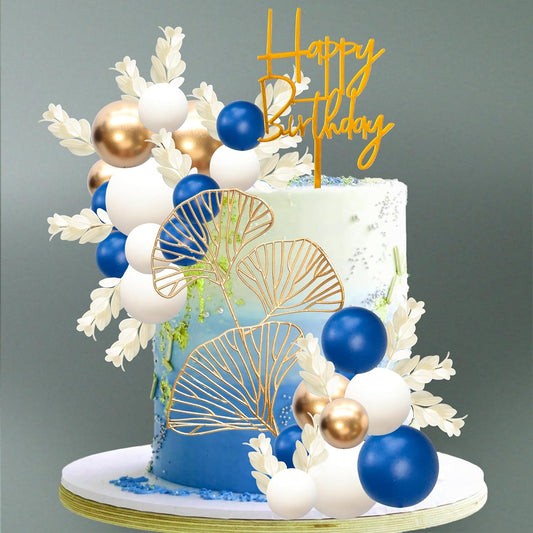 Gyufise 57Pcs Balls Cake Topper Boho Grass Cake topper Pearl Balls Acrylic Happy Birthday Cake Decorations for Wedding Baby Shower Birthday Boho Themed Party Supplies Royal Blue
