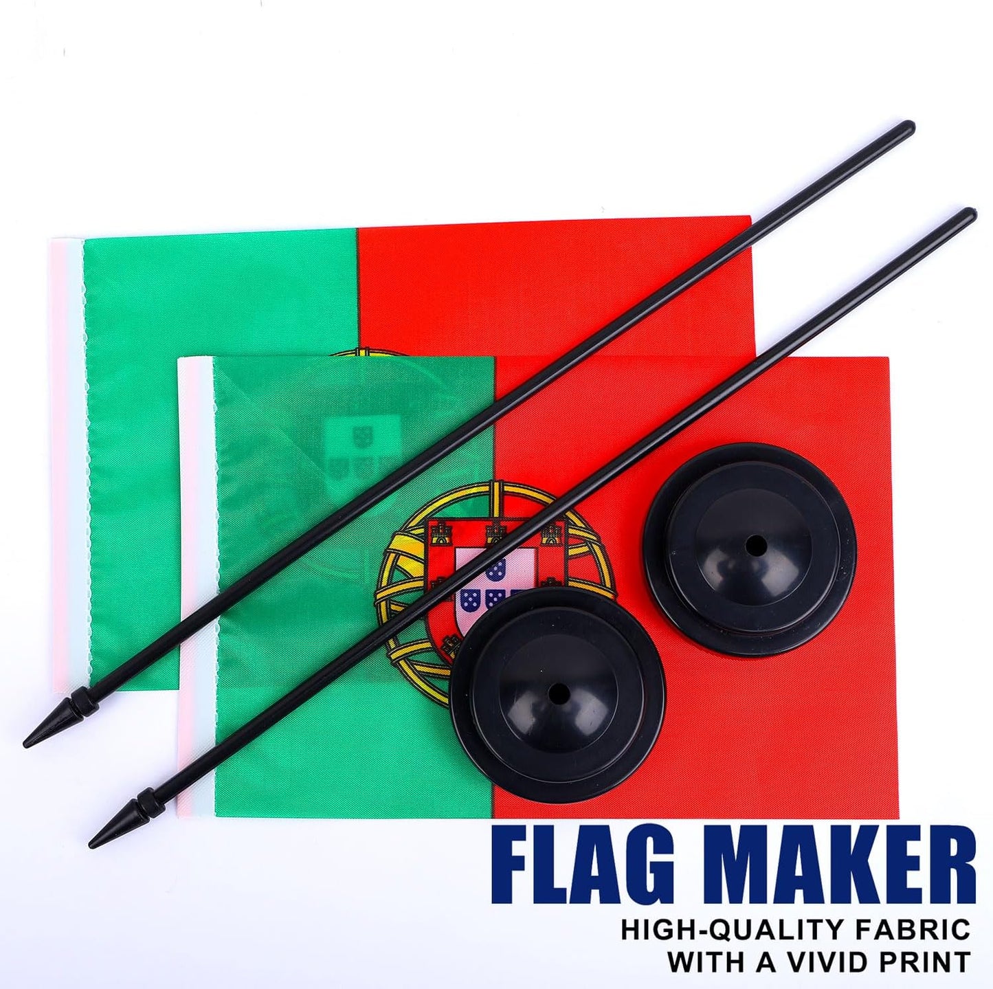 Portugal Desk Flag 12" Solid Pole Deluxe Set Portuguese Flags Banner Mini Small Portugal Office Table Flags with Black Stand Base Desktop Decorations(2Pack)