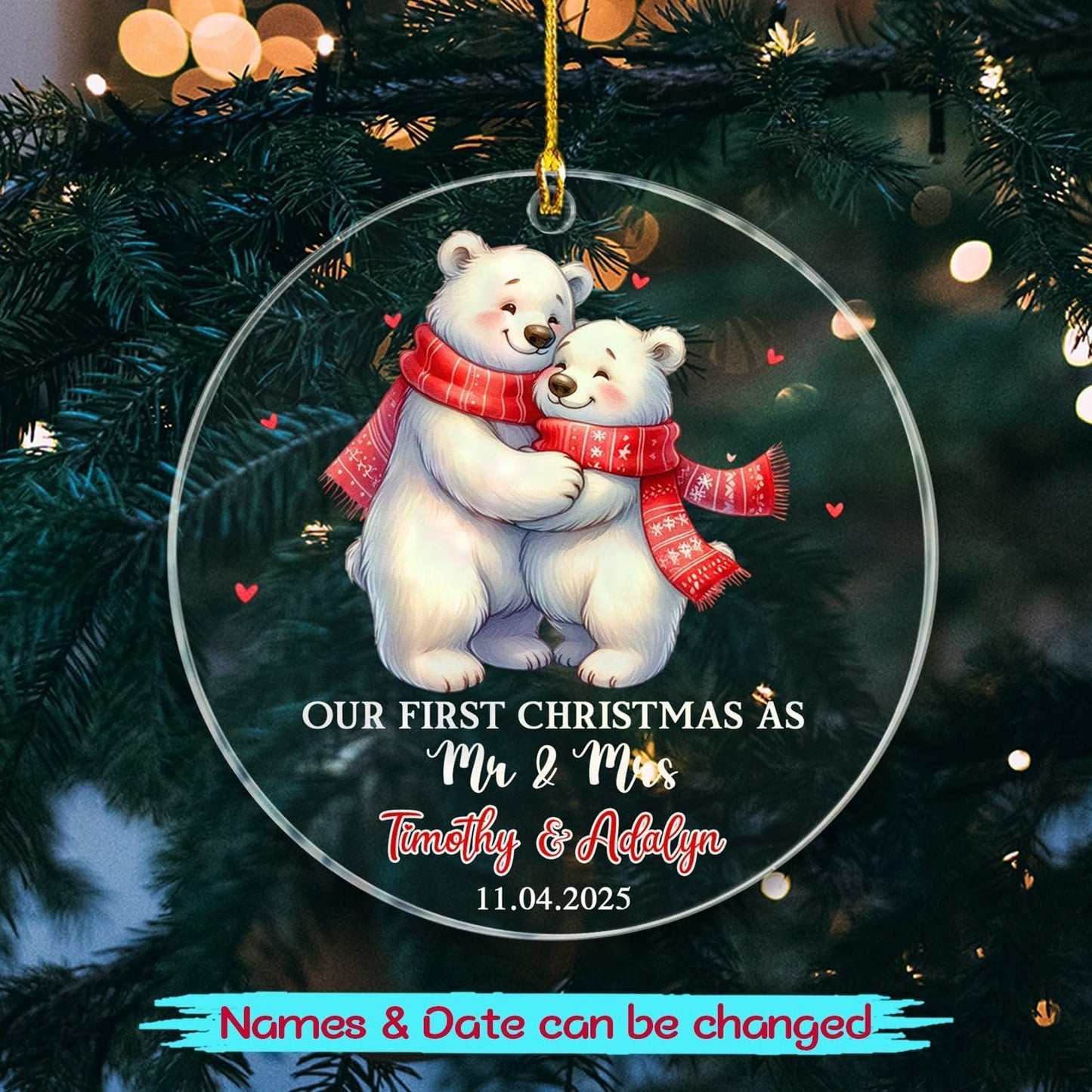 Our First Christmas As Mr & Mrs Ornament, Personalized Date/Name Polar Bear Mr & Mrs Together Ornament Gift for Newlyweds Bride Groom Just Married, Customized Wedding Anniversary Christmas Ornaments