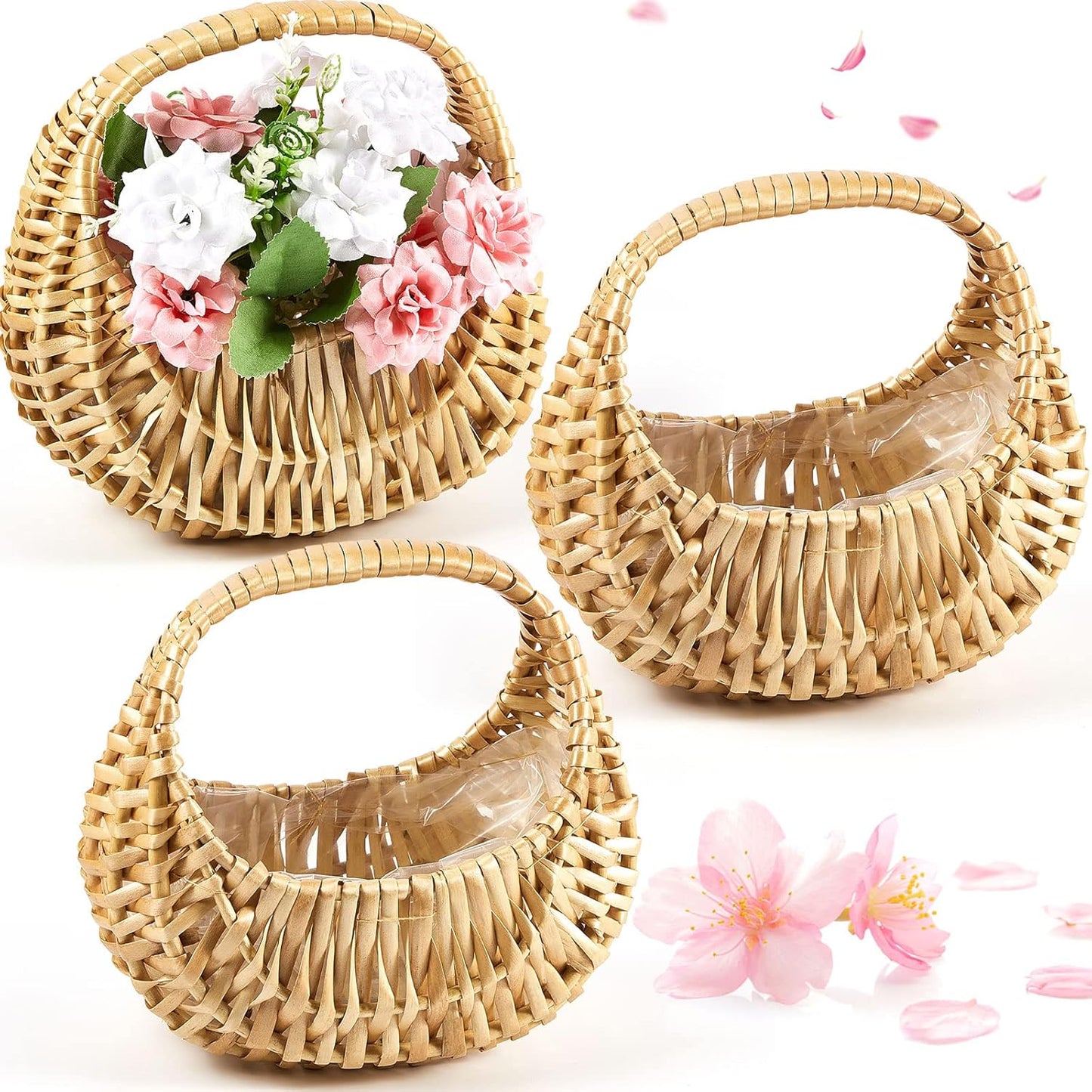 Taiyin 3 Pack Rattan Flower Girl Basket Small Half Moon Straw Wicker Basket with Handle Ideal for Wedding Flower Girl,Picnic,Garden Storage and Home Decor (Nature)