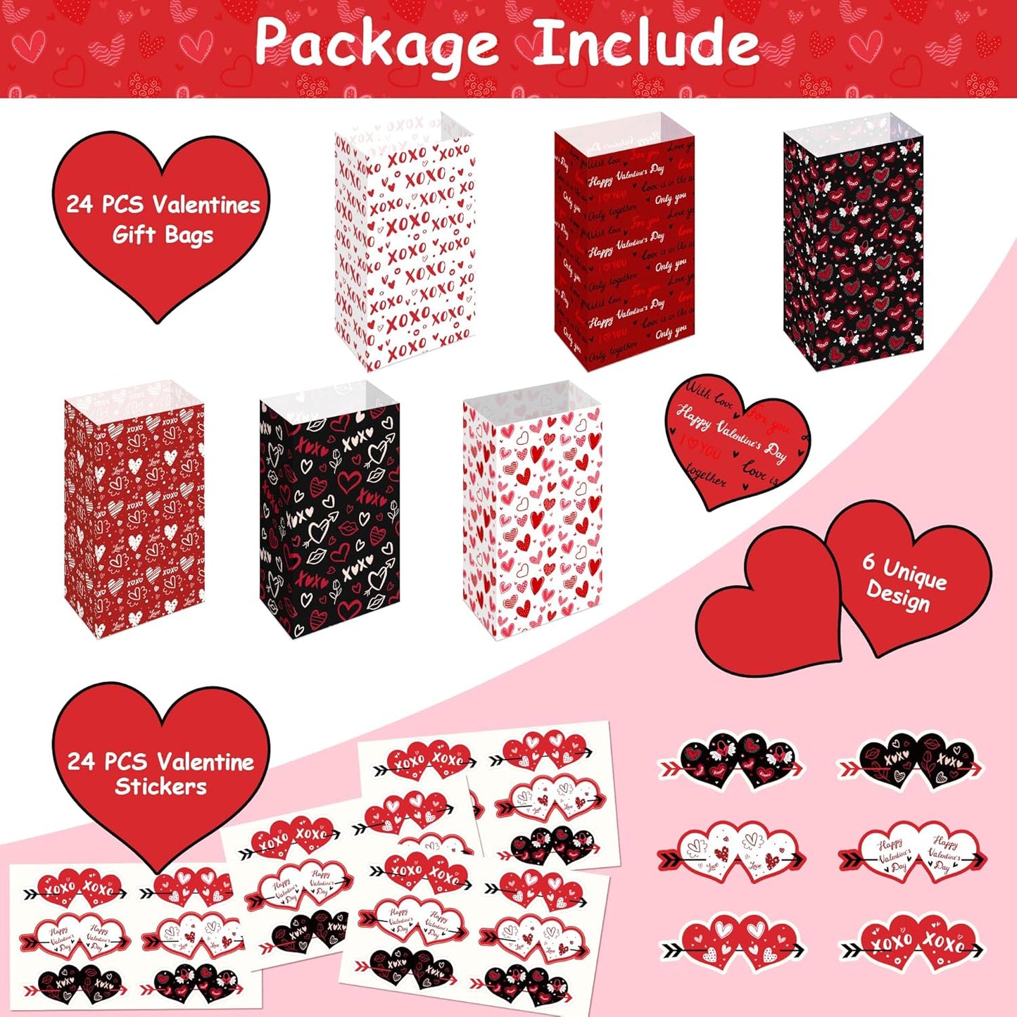 Valentines Bags - 24 PCS Valentines Gift Bags for Class School,Valentine Treat Bags with Stickers - Valentine Goodie Bags for Kids | Valentine's Day Gifts for Kids - Valentine's Decorations Party Favors