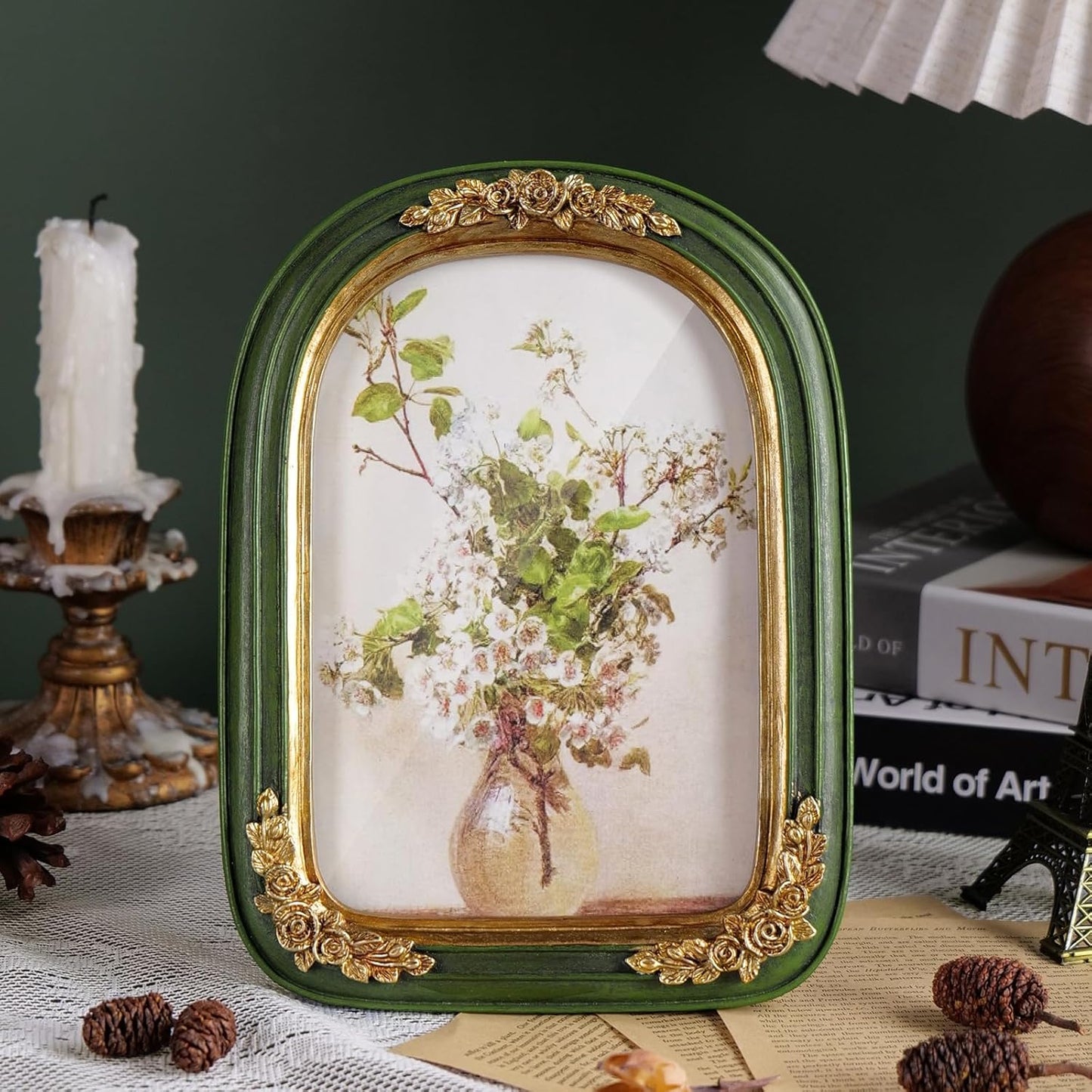 Cuspin Vintage 4x6 Picture Frame, Green and Gold Arch Frames, Ornate Floral Resin Photo Frame with Glass Front for Tabletop or Wall Display, Antique Decorative Frame for Home Decor or Gift