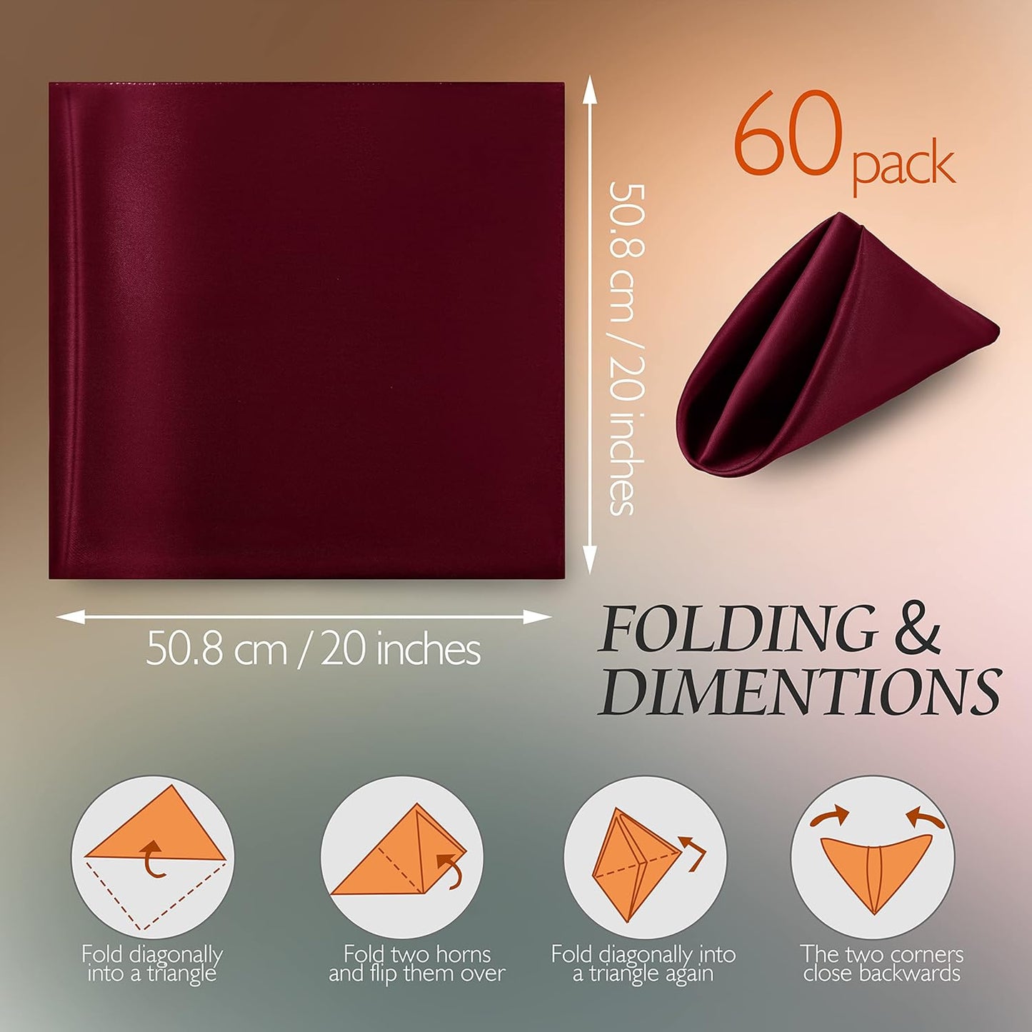 Manyshofu 60 Pieces Maroon Satin Napkins - 20x20 Inches Cloth Napkins, Square Satin Fabric Napkins Set - Elegant & Reusable Table Napkins for Wedding Dinner Party Lunch Banquet Restaurant Decoration