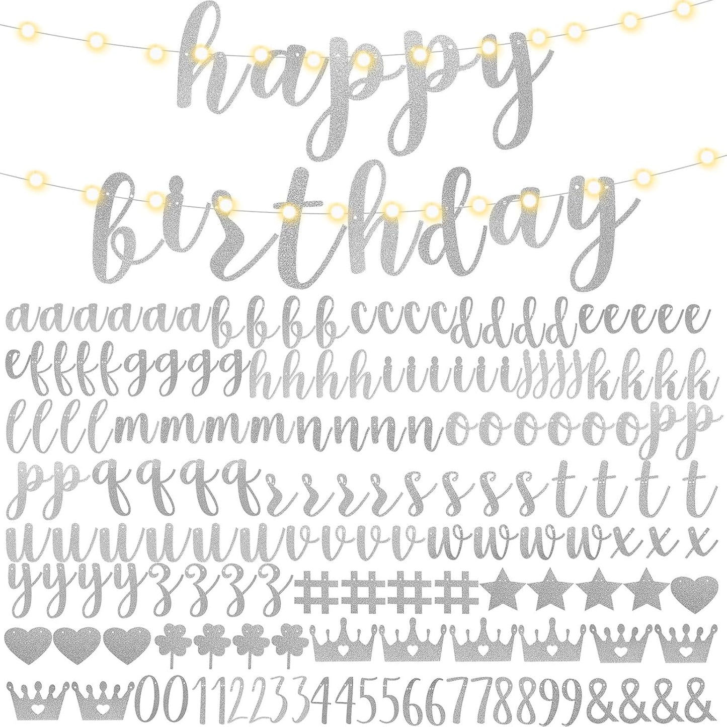 TaoBary 167 Pcs DIY Banner Kit Happy Birthday Glitter Banner Customizable Glitter Make Your Own Kit 162 Letters Symbols and Numbers 3 Rope for Birthday Halloween Wedding Christmas(Silver)