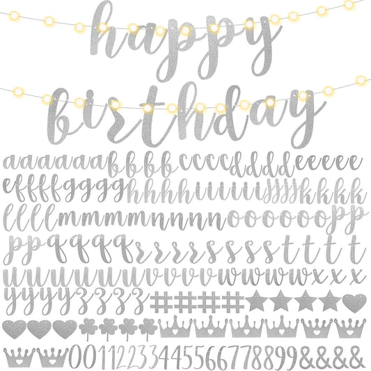 TaoBary 167 Pcs DIY Banner Kit Happy Birthday Glitter Banner Customizable Glitter Make Your Own Kit 162 Letters Symbols and Numbers 3 Rope for Birthday Halloween Wedding Christmas(Silver)