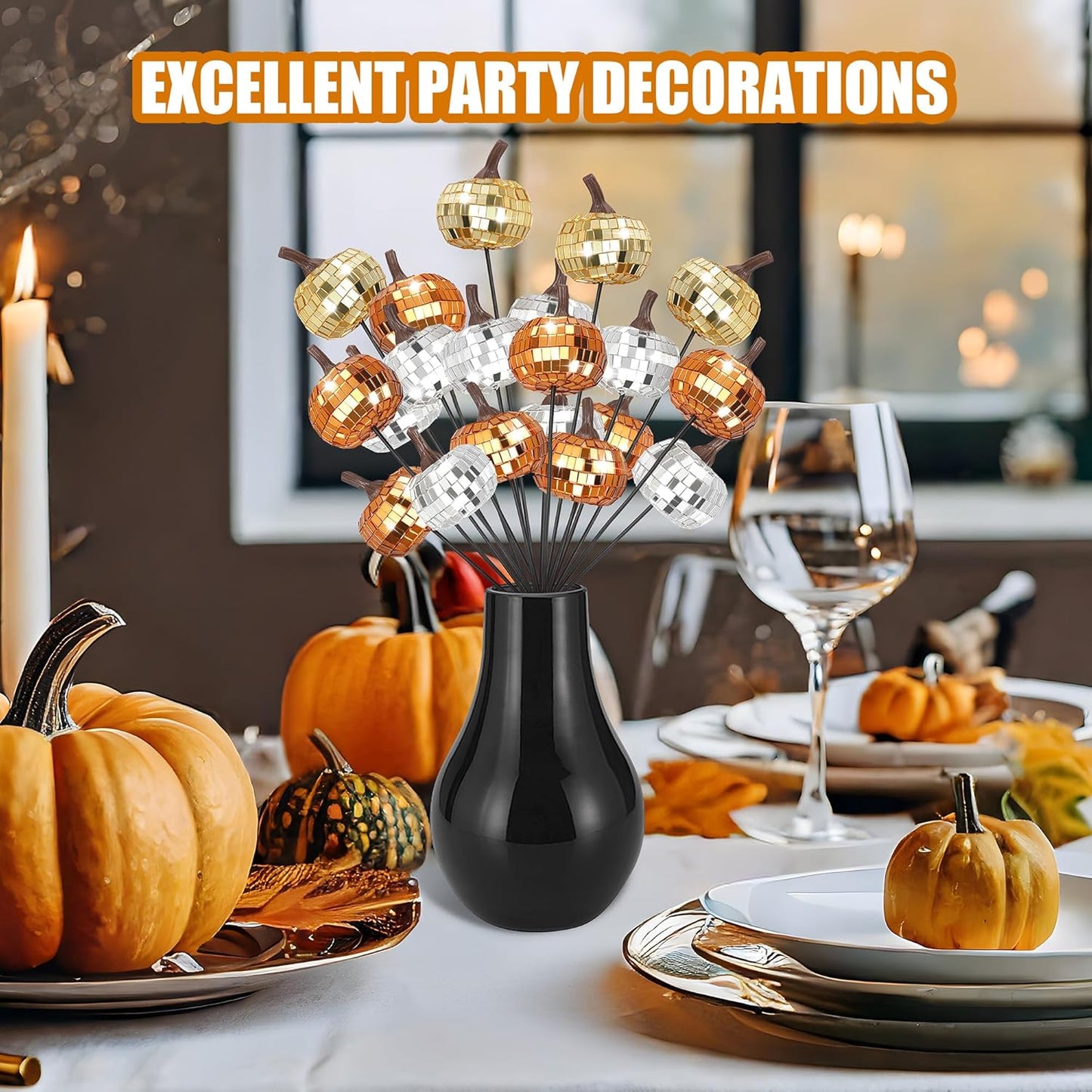 20Pcs Disco Halloween Decor, Disco Pumpkin Table Decoration, 14 Inch Artificial Glitter Mirror Pumpkin Sticks Ornament Halloween Thanksgiving Branches for Table Centerpiece Party Decor