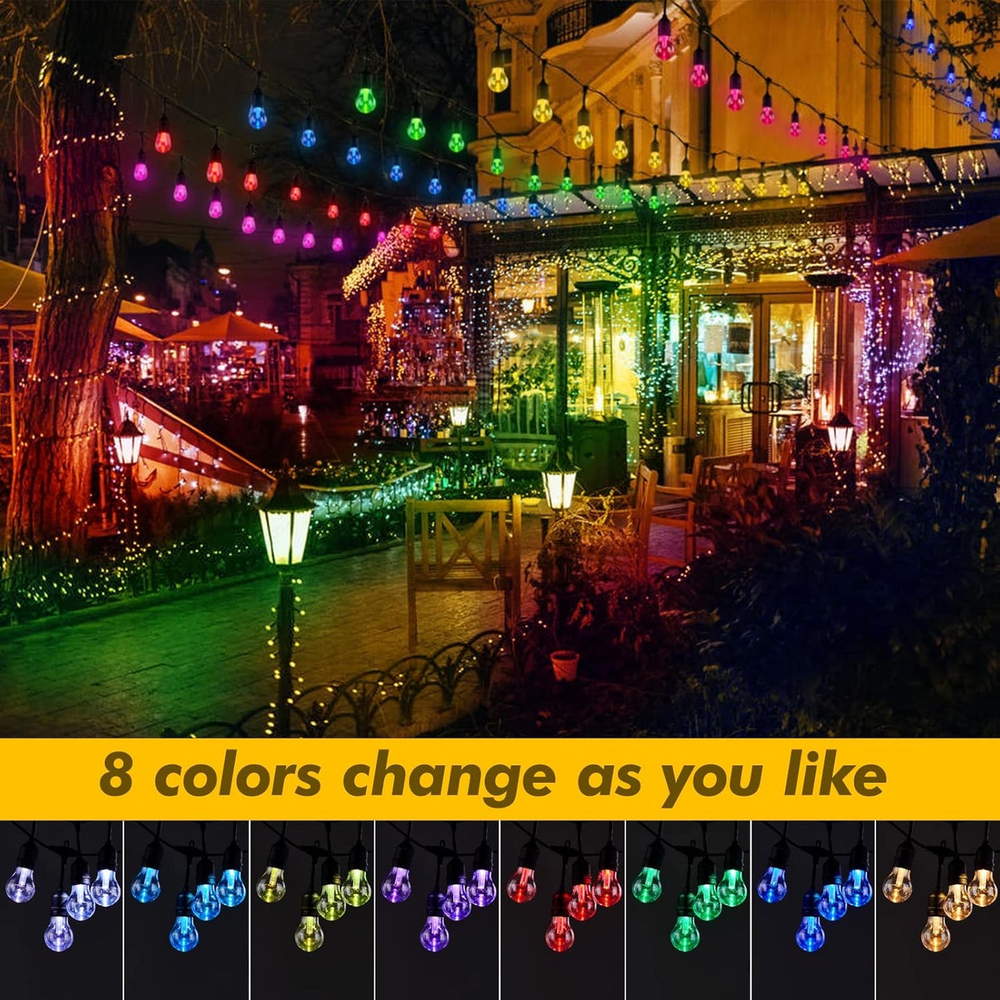 35FT Solar String Lights Outdoor, 11 Shatterproof LED Edison Bulbs, Dimmable RGB Color Changing Patio Lights with Remote. Waterproof for Garden Commercial Solar-Powered Decorative Lighting