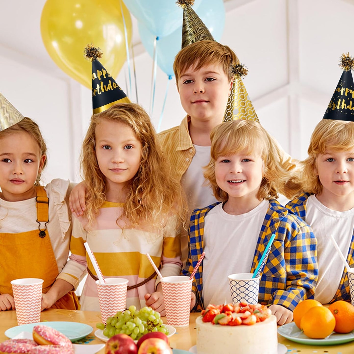 48 Pcs Gold Birthday Party Hats Gold Cone Hats Includes 16 Birthday Paper Hats and 32 Noise Makers