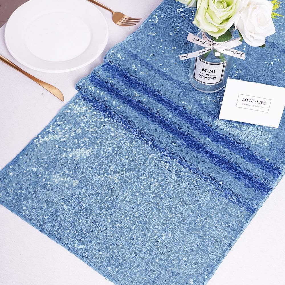 Sequin Table Runners 2 Pieces Baby Blue Table Runners 12x72 Inch Glitter Dining Table Cover for Party Wedding Birthday Reception Banquet Decoration Spring Party Chair Sashes