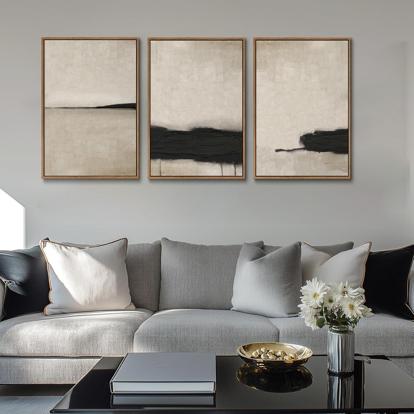 myusuar 3 Piece Large Modern Abstract Canvas Framed Wall Art For Living Room, Black And Beige Vintage Minimalist Wall Art Decor Posters Prints For Bedroom Office 24x36in