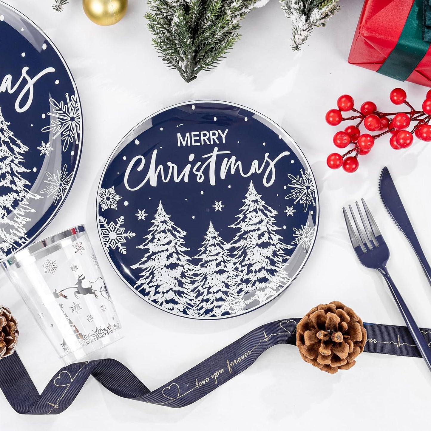 Supernal 150pcs Christmas Dinnerware Set - Blue and White Plates With Trees Design, Blue Silverware, Santa and Moose Silver Cups for New Year