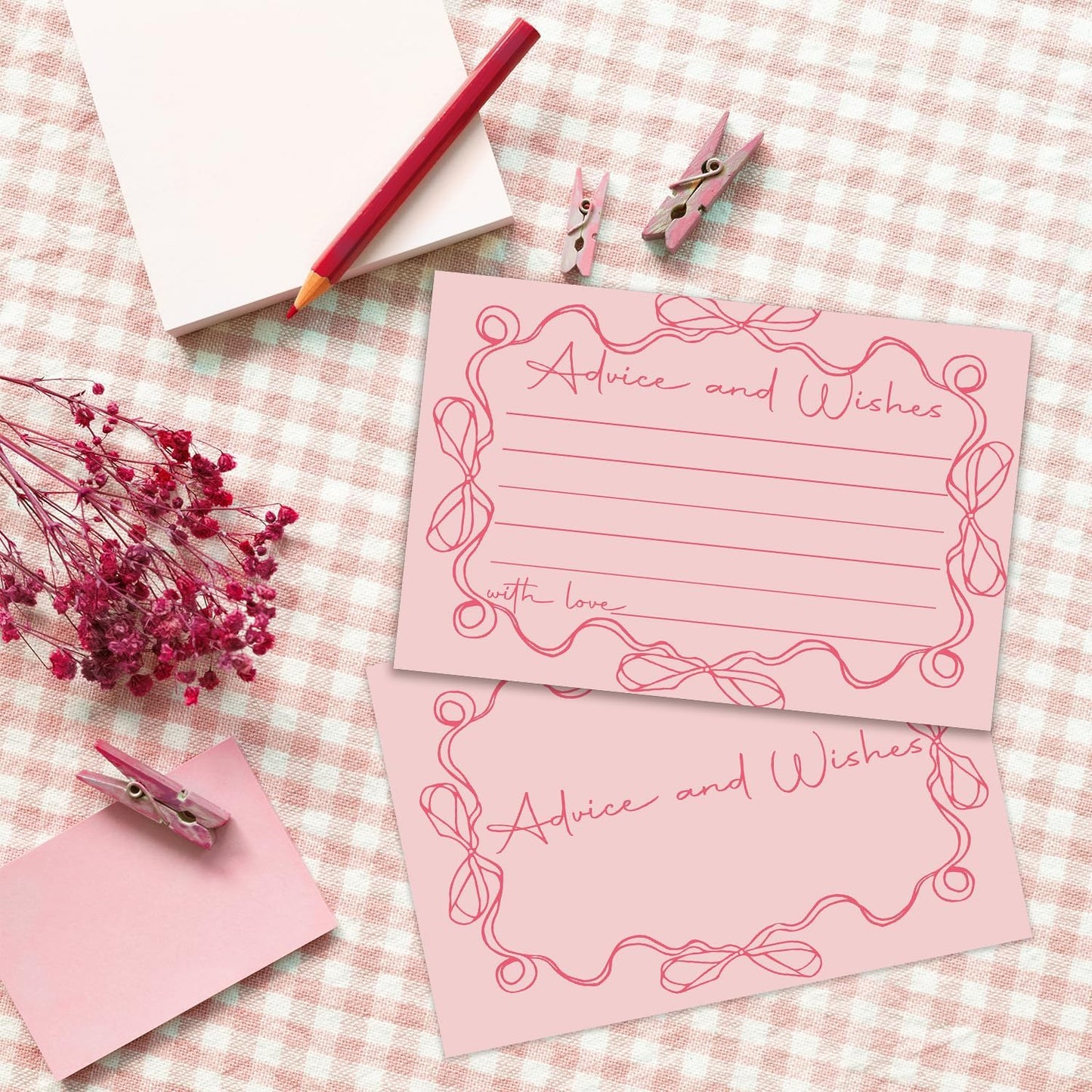 Pink bow Advice and Wishes Cards, Double-sided Blank Cards Suitable for Wedding Reception, Bridal Showers, Mr and Mrs, Baby Shower, Graduation, Pack of 25-05