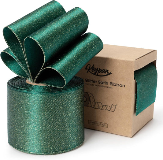 Christmas Ribbon Wired Green Satin Ribbons 2-1/2 Inch Double-Faced Gold Glitter for Tree Decoration, Wreath, Gift Wrapping, Home Decor 10 Yards
