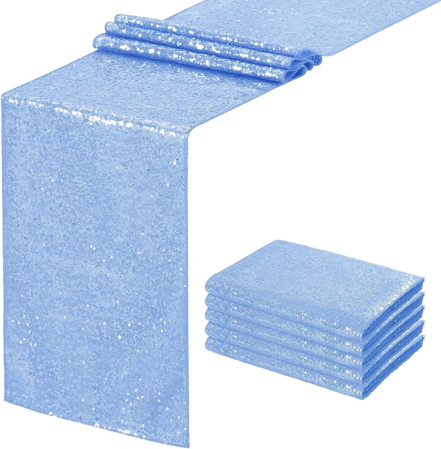 Sequin Table Runners 5 Pieces Baby Blue Table Runners 12x72 Inch Glitter Table Cover for Party Wedding Birthday Reception Banquet Decoration Spring Party Chair Sashes