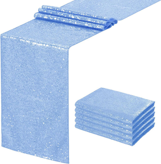 Sequin Table Runners 5 Pieces Baby Blue Table Runners 12x72 Inch Glitter Table Cover for Party Wedding Birthday Reception Banquet Decoration Spring Party Chair Sashes