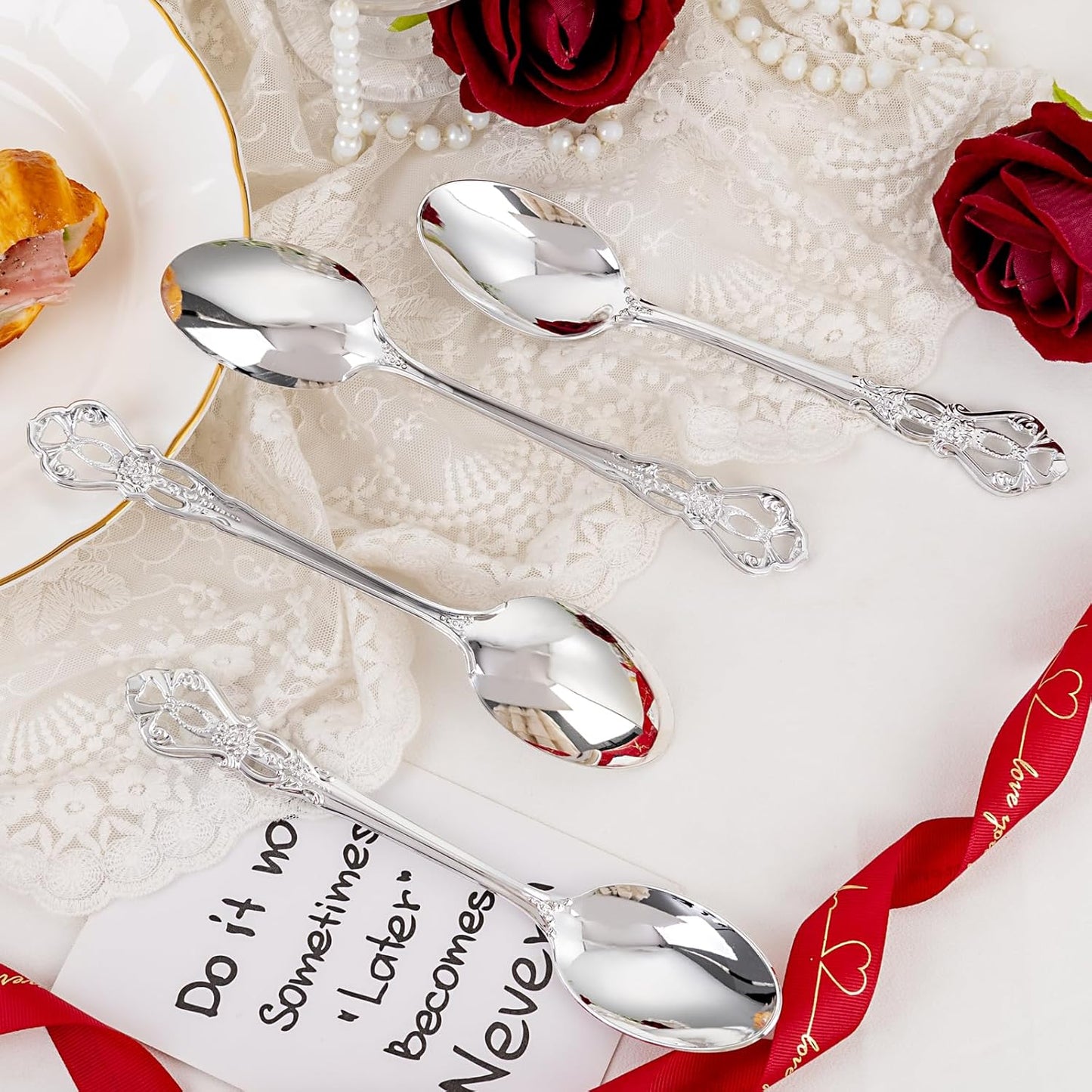 75PCS Silver Plastic Spoons - Silver Spoons Disposable - 8.1 Inch Heavy Duty Plastic Silverware - Heavyweight Elegant Disposable Utensils for Catering, Parties, Dinners, Weddings