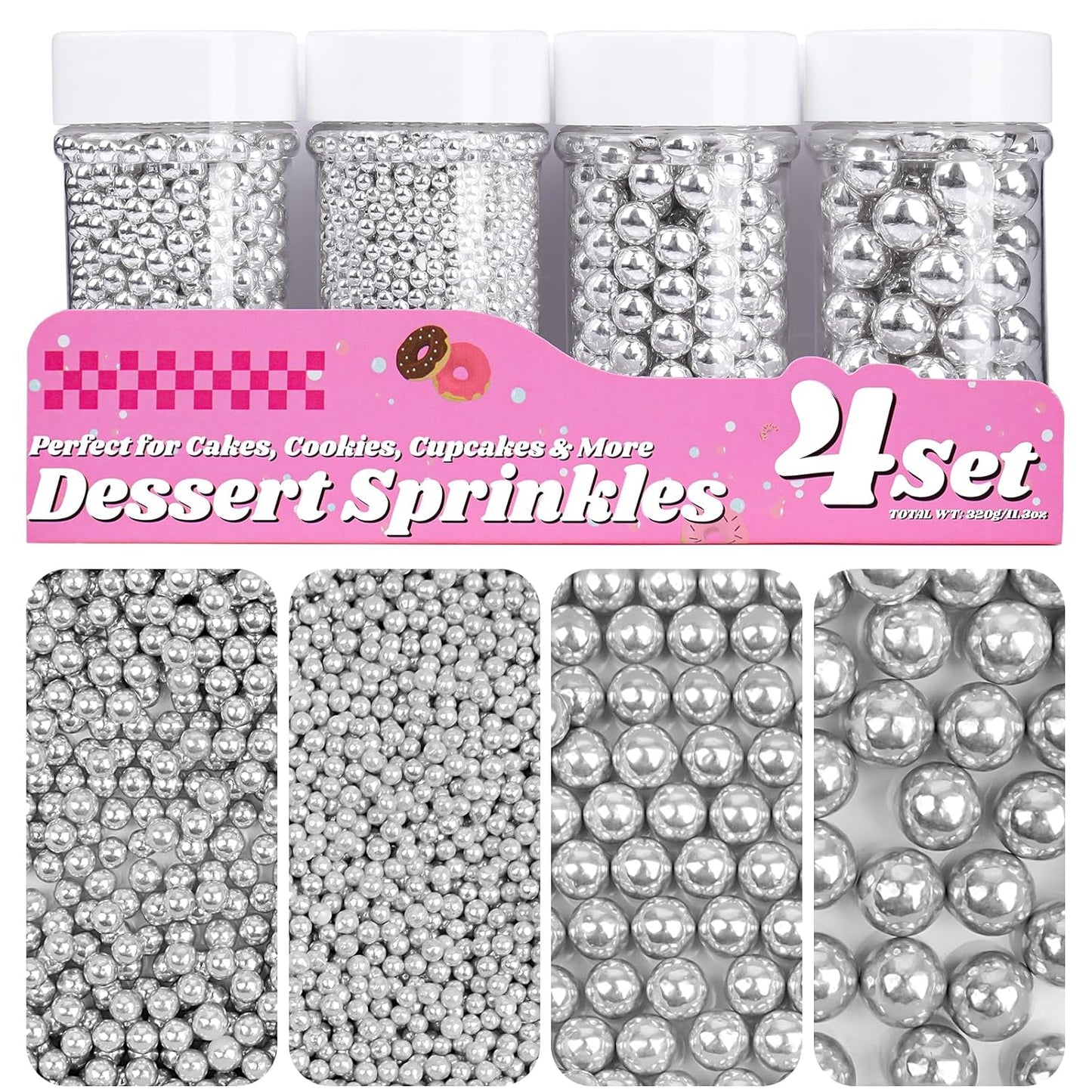 Silver Pearl Sprinkles for Cake Decorating, 11.3 Oz Edible Pearls Sugar 4 Sizes Gift Box Set for Baking Cookie Ice Cream Cupcake Toppings