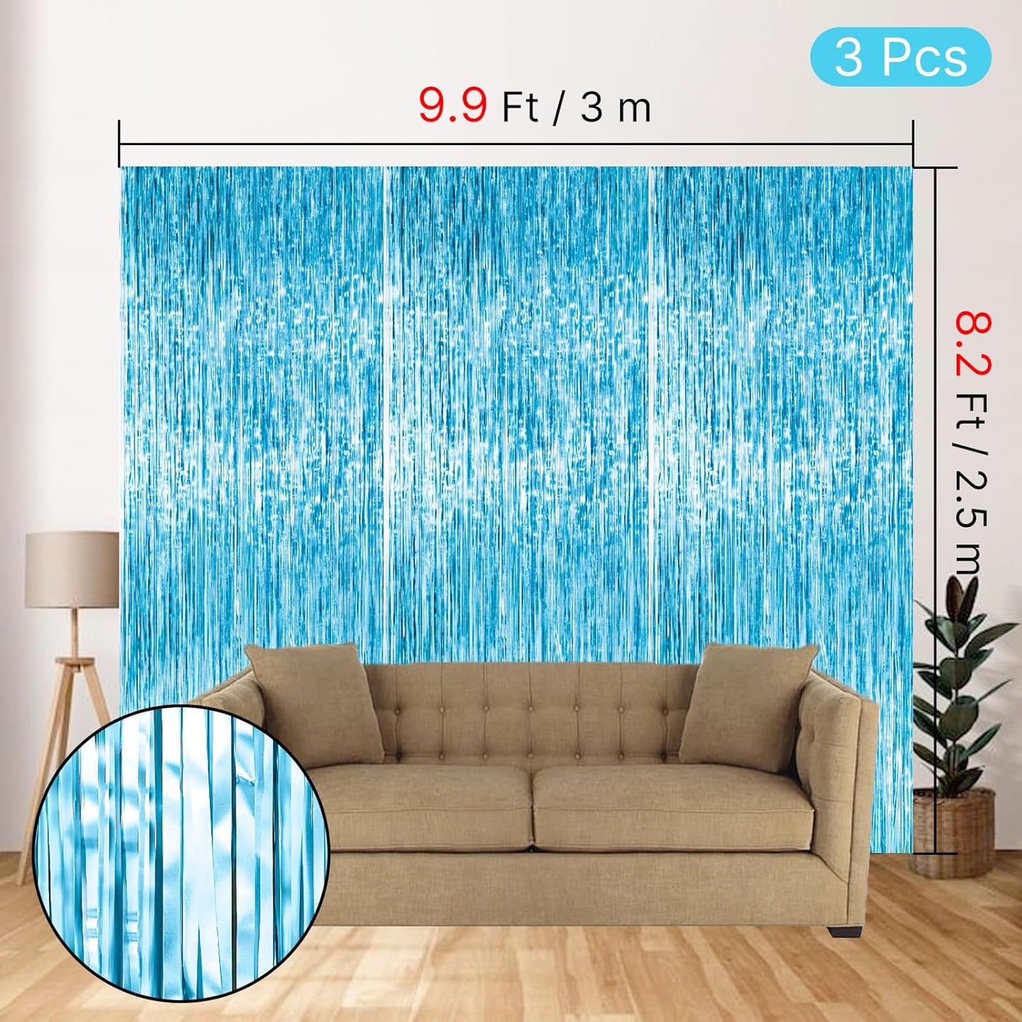 PartyWoo Light Blue Streamers Backdrop 3pcs Baby Blue Foil Fringe Streamer Curtain 8.2FT Tinsel Backdrop for Birthday Gender Reveal Baby Shower Graduation Pool Mermaid Under The Sea Party Decorations