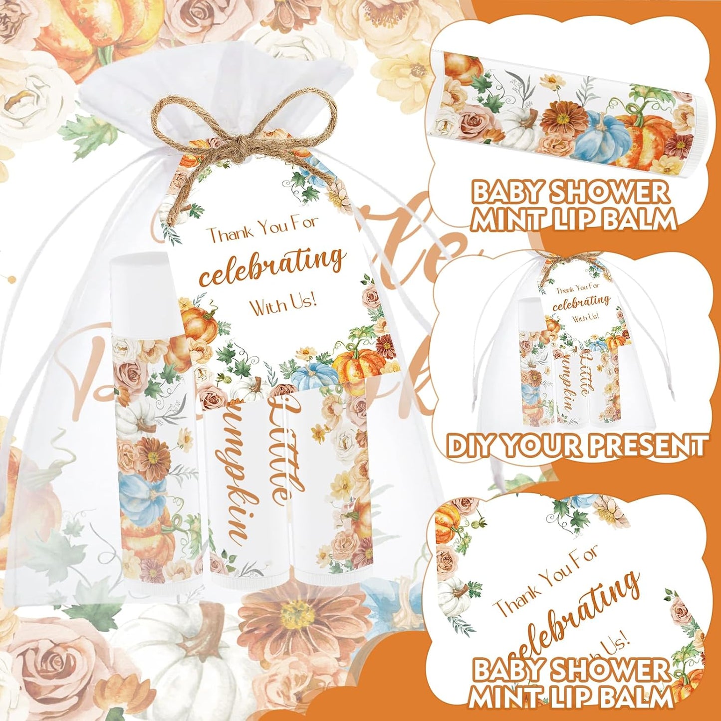 50 PCS Baby Shower Lip Balms for Guests, Boys Girls Neutral Gender Reveal Baby Shower Party Favors with Thank You Card Tags Thanksgiving Decorations Pumpkin Flower