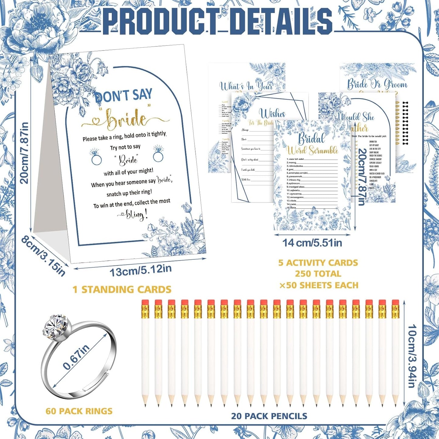 Estune 331 Pcs Bridal Shower Games Supplies, 5 Sets 250 Pcs Wedding Games Cards, 60 Pcs Rings, 20 Pcs Pencils (Blue Floral Style)