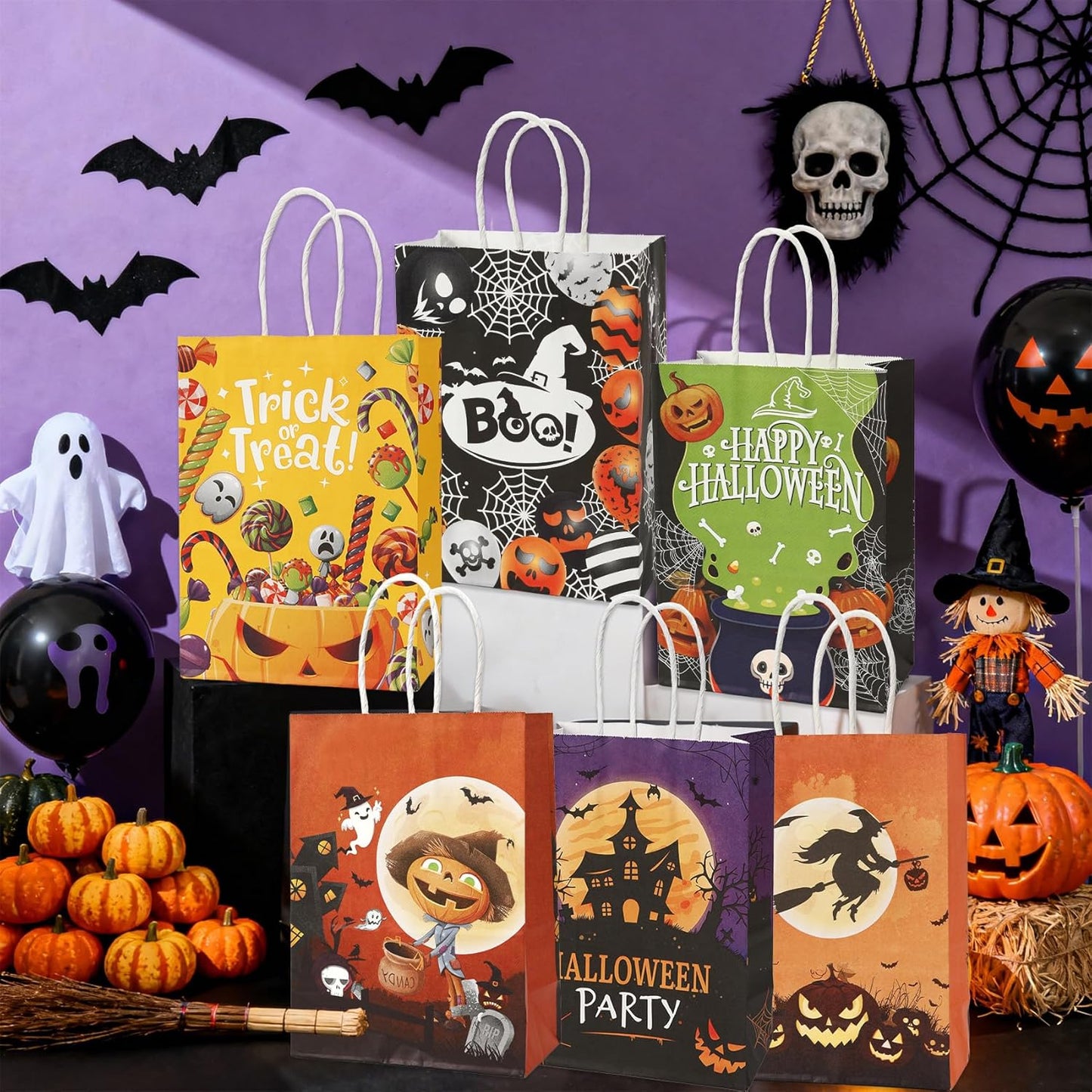 24 Pcs Halloween Paper Gift Bags, 6 Styles Halloween Goodie Bags with Handles, Halloweens Treat Bag Party Favors Bag Holiday Trick or Treat Party Supplies