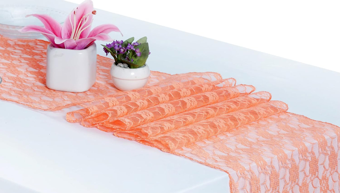 MDS Pack of 10 Wedding 12 x 108 inches Lace Table Runner for Wedding, Decorations for Birthday Parties, Banquets, Graduations, Engagements, and Runners fit Rectangle, Round Table- Peach