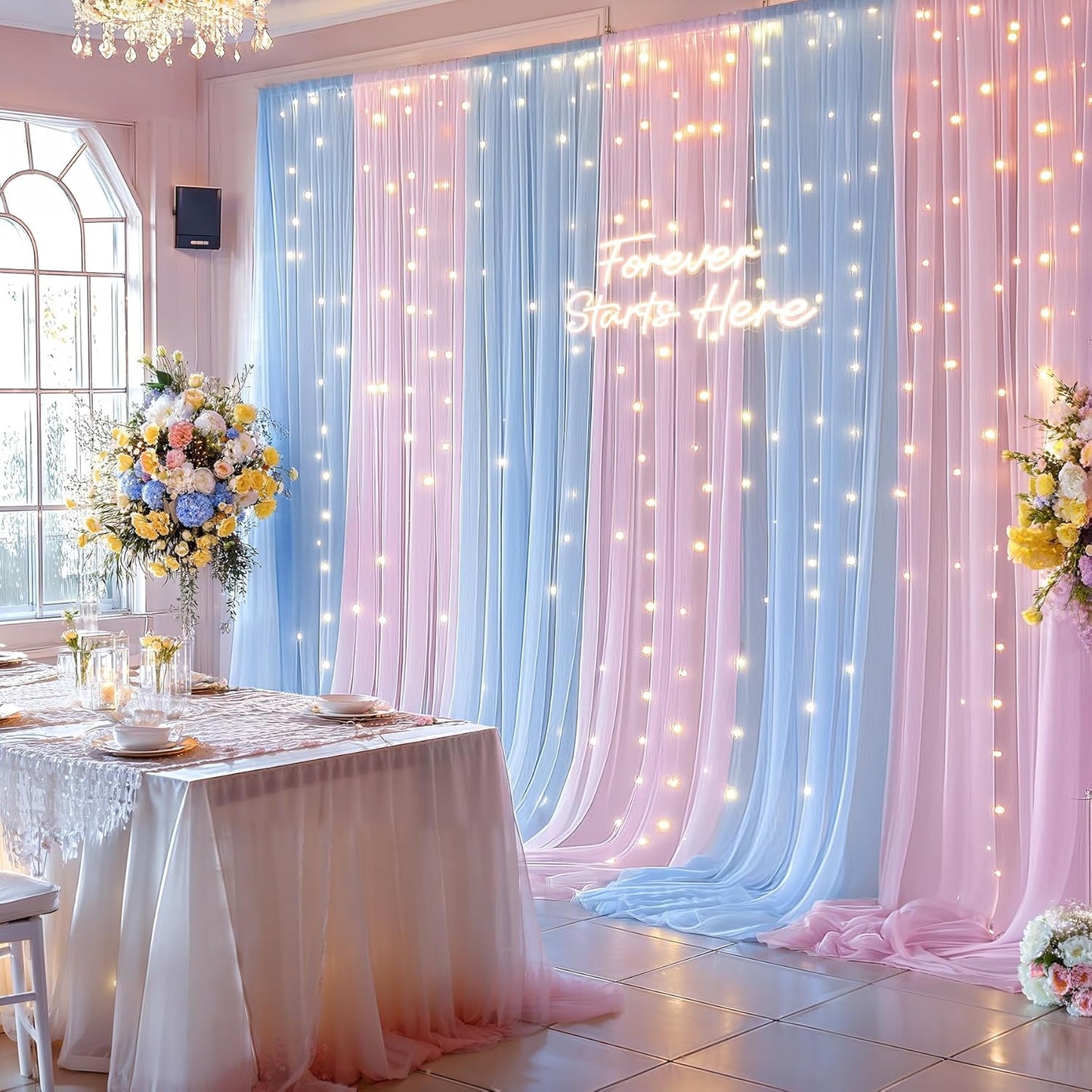 10×10ft Pink Blue Tulle Backdrop Curtain with Lights String for Parties, Sheer Photo Backdrop Curtains for Wedding Party Photography Background