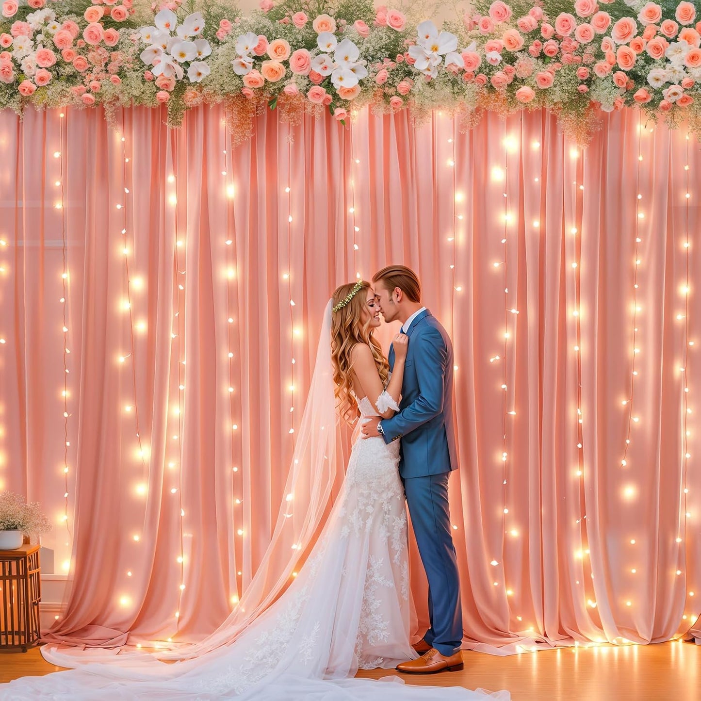 10ft x 10ft Dusty Rose Chiffon Backdrop Curtain with Lights String for Parites Wedding Wrinkle Free Curtain Photo Backdrops Drapes for Baby Shower Birthday Party Home Decorations