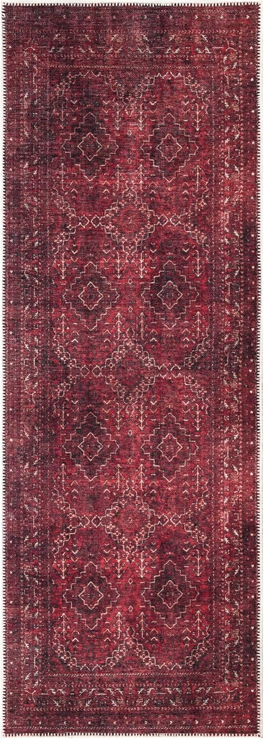 Bloom Rugs Washable Non-Slip 10 ft Runner - Dark Red Traditional Bordered Runner for Entryway, Hallway, Bathroom, and Kitchen - Exact Size: 2.5' x 10'