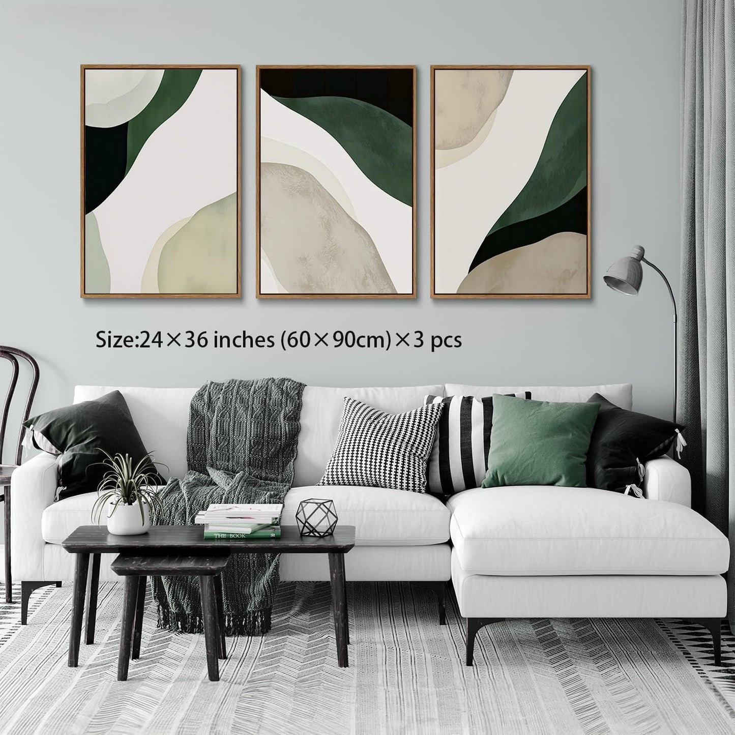 myusuar 3 Piece Large Modern Abstract Canvas Framed Wall Art For Living Room, Green Black White Minimalist Wall Art Decor Posters Prints For Bedroom Office 24x36in