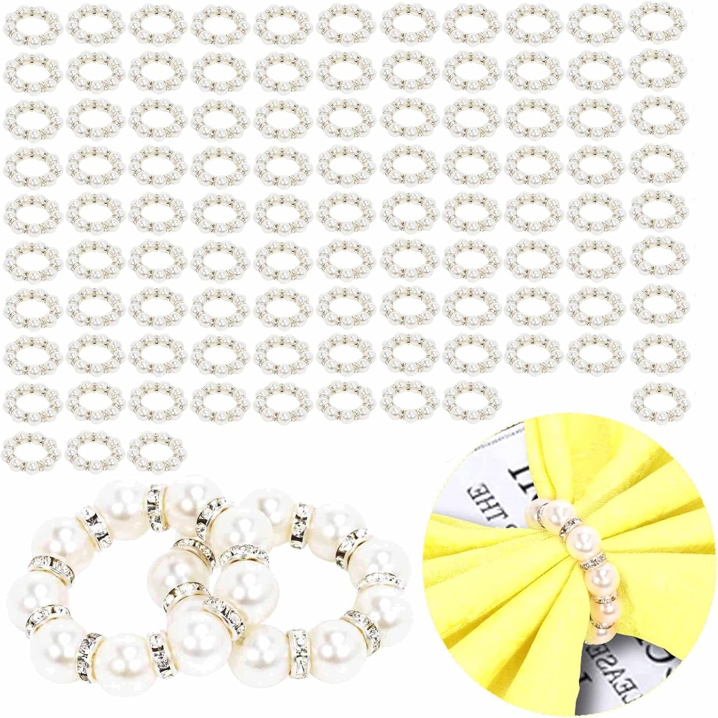 GENMOUS Set of 100 Silver Pearl Napkin Rings, Elegant Imitation Beaded Stylish Napkin Buckles for Formal Decor, White Napkin Ring Holders with Rhinestones for Weddings, Formal Dinners, Parties