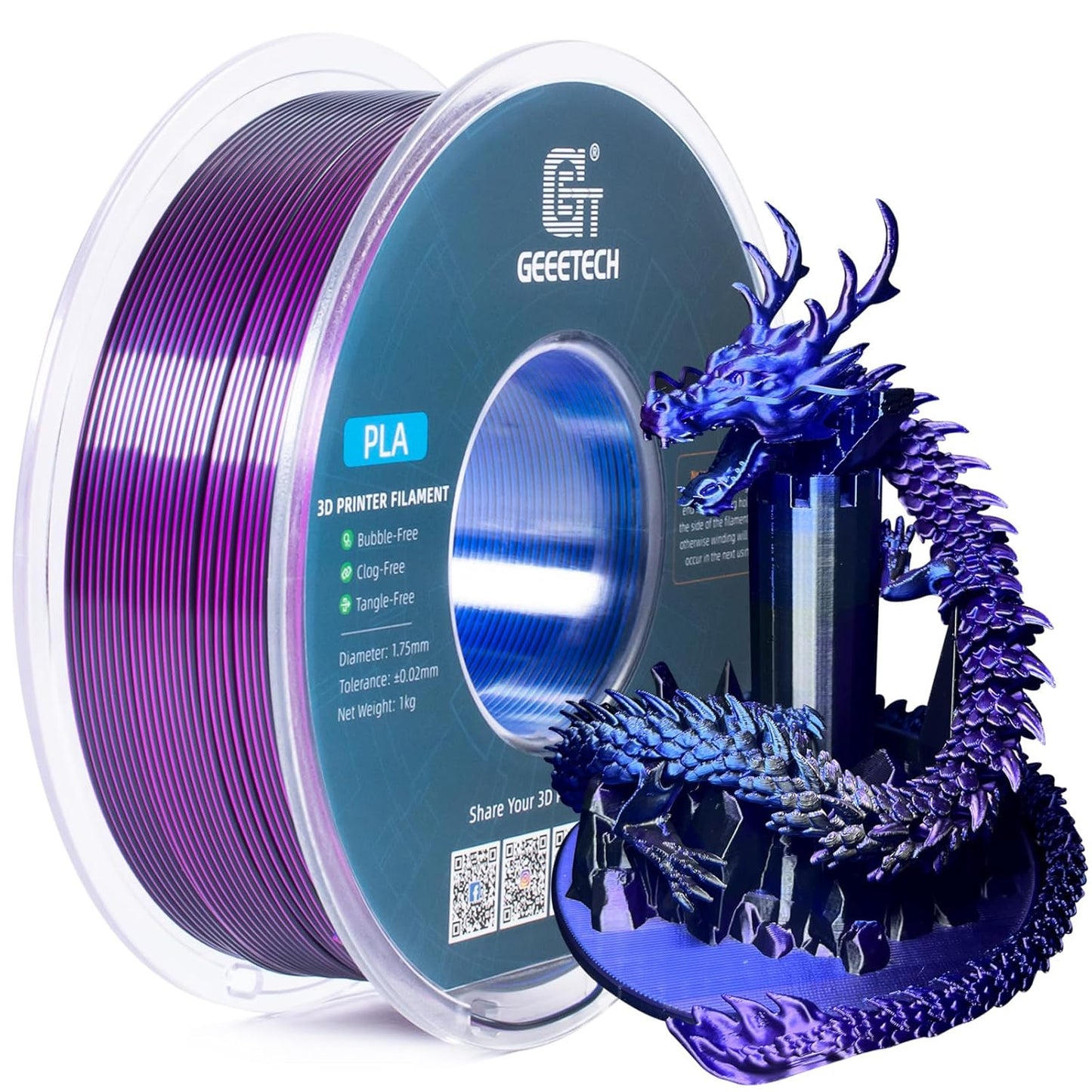 Geeetech Silk PLA Tri Color Filament 1.75mm 3D Printer Filament, Coextrusion Blue Purple Black Tri-Colors Metal-Like Shiny Silk PLA Filament, 1kg (2.2lbs) 1 Spool, Dimensional Accuracy +/- 0.02 mm