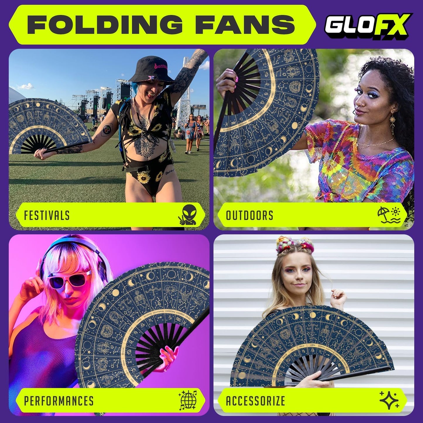 GloFX Rave Fan - Zodiac Signs - Large Folding Hand Fan Astrological Signs Designs for Festival Outfits, Cosmic Events - Perfect Accessory for Astrology Enthusiasts and Stargazers
