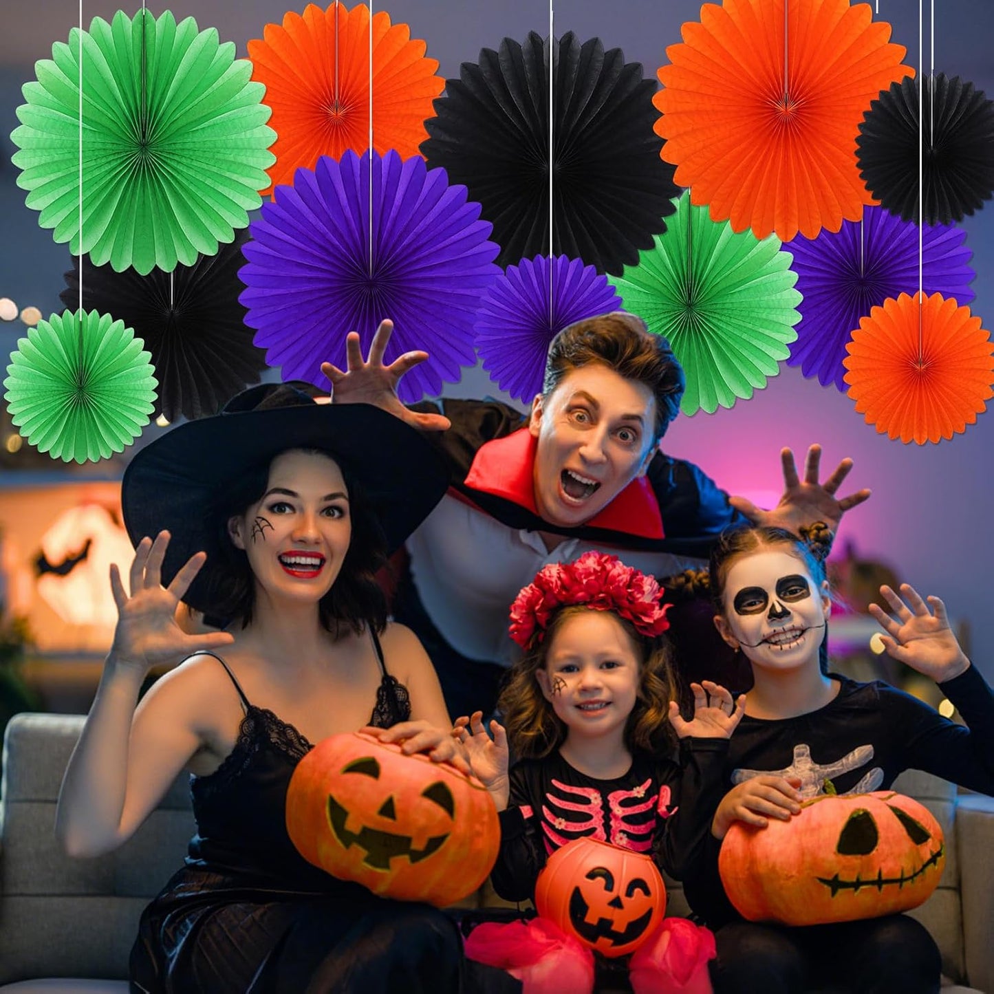 MotiMind 24 Pcs Halloween Paper Fans Party Decorations Black Orange Purple Green Hanging Honeycomb Ceiling Wall Decor Background Decoration for Birthday Wedding Baby Bridal Shower Engagement